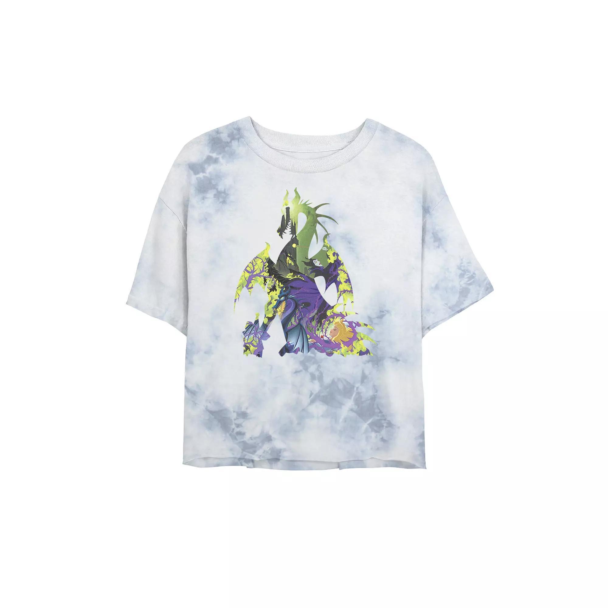Juniors' Disney Princess Sleeping Beauty Maleficent Dragon Silhouette Bombard Wash Crop Graphic Tee, Women's, Size: XL, White Blue Product Image