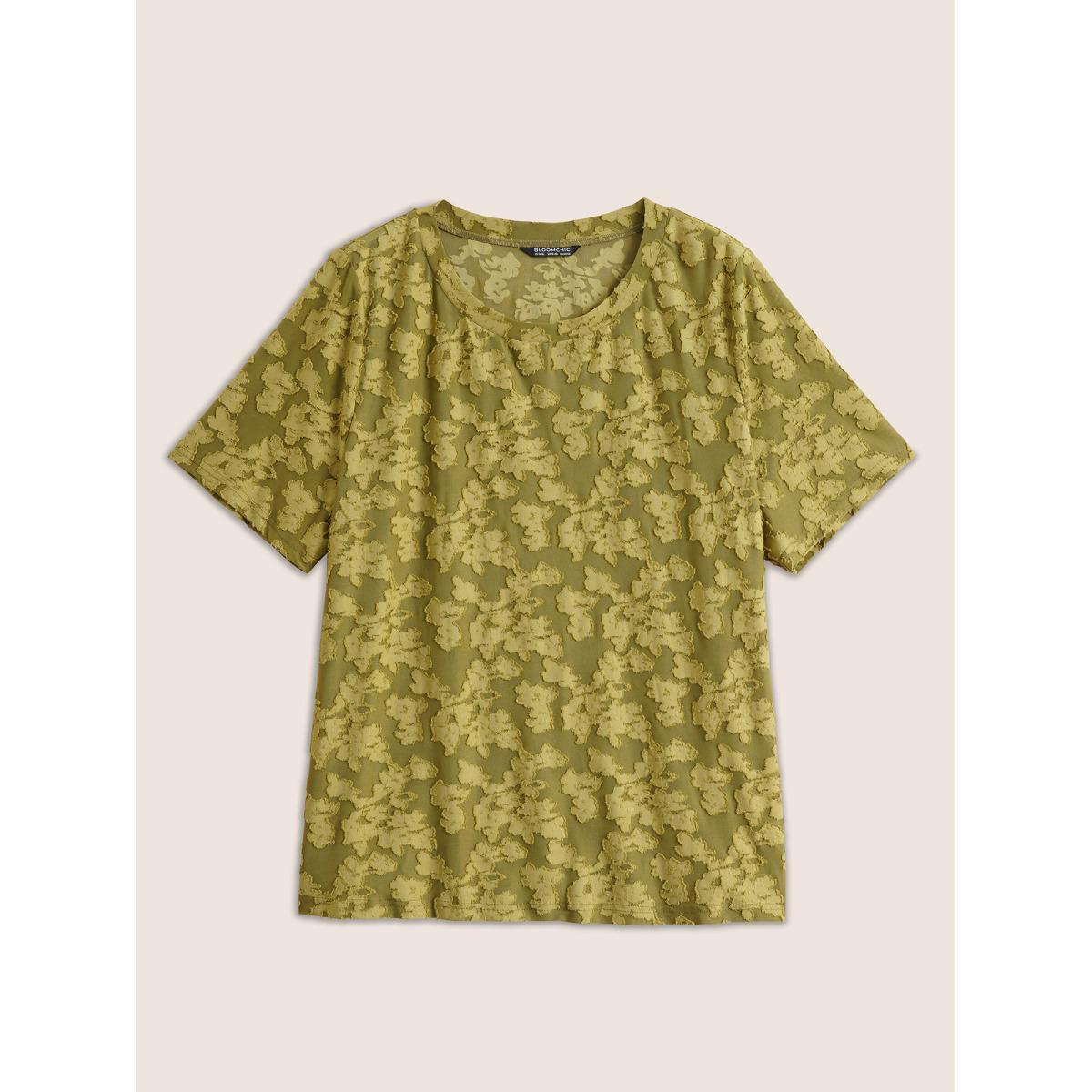 Plus Size Textured Silhouette Floral Print T-shirt Olive Women Elegant Texture Silhouette Floral Print Round Neck Everyday T-shirts BloomChic 12/L Product Image