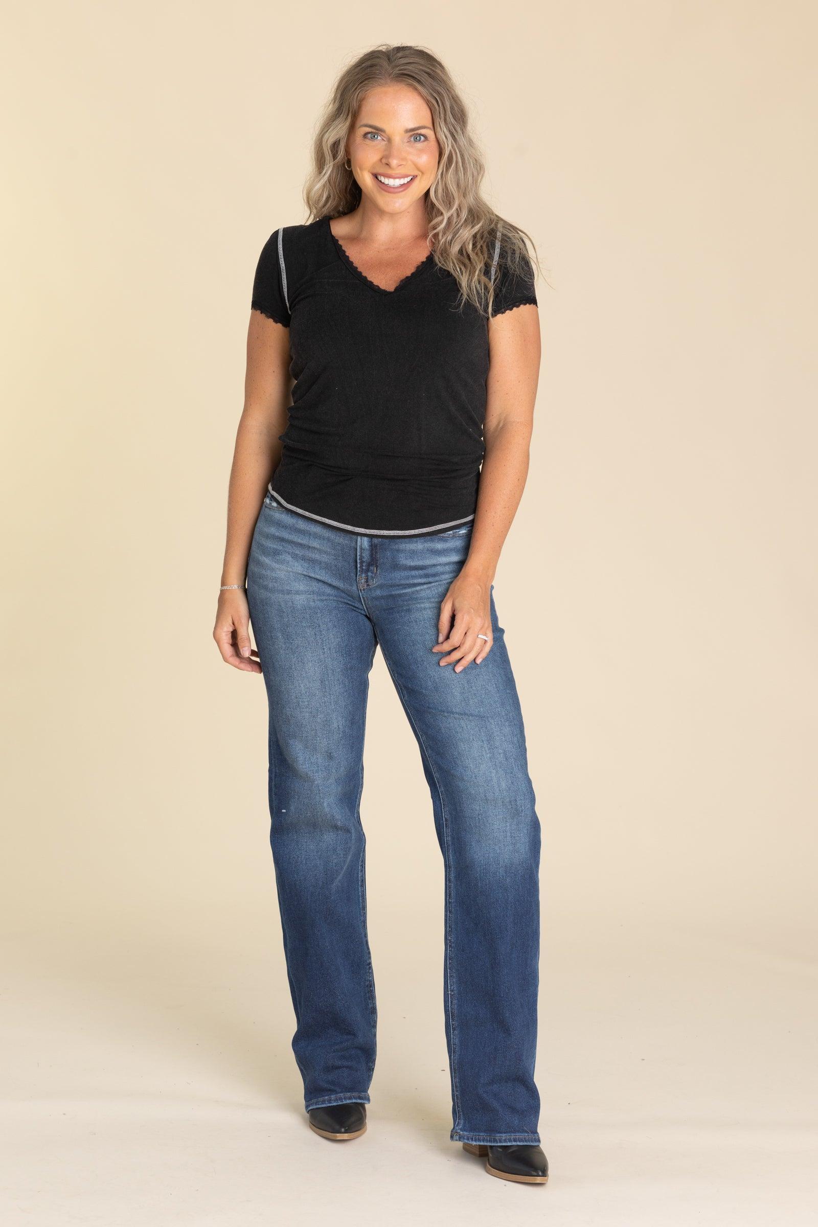 V-Neck Lace Trim Knit Tops Product Image