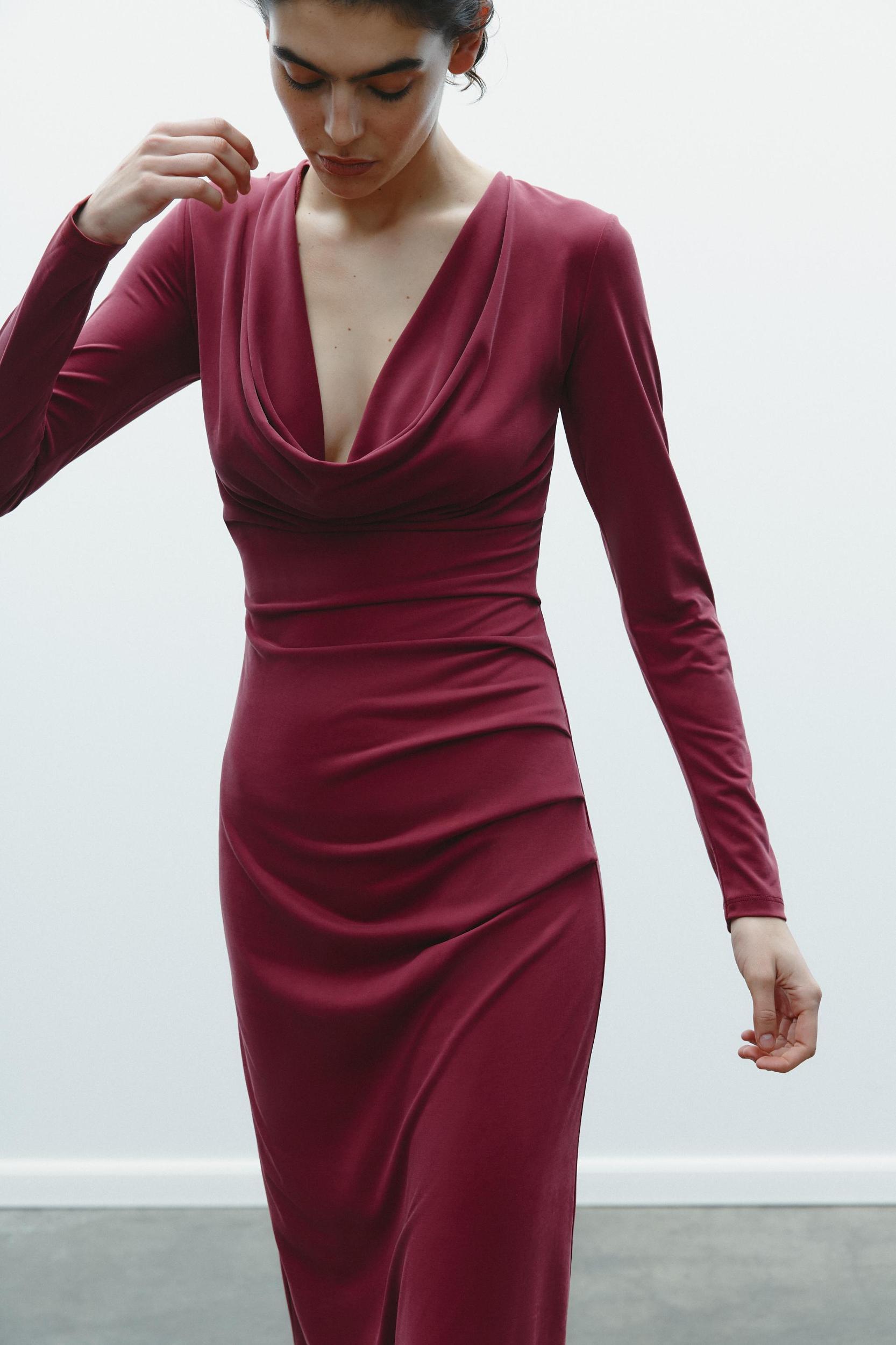 DRAPED NECKLINE MIDI DRESS Product Image