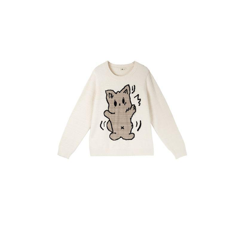 Plus Size Crewneck Cat Jacquard Sweater Product Image