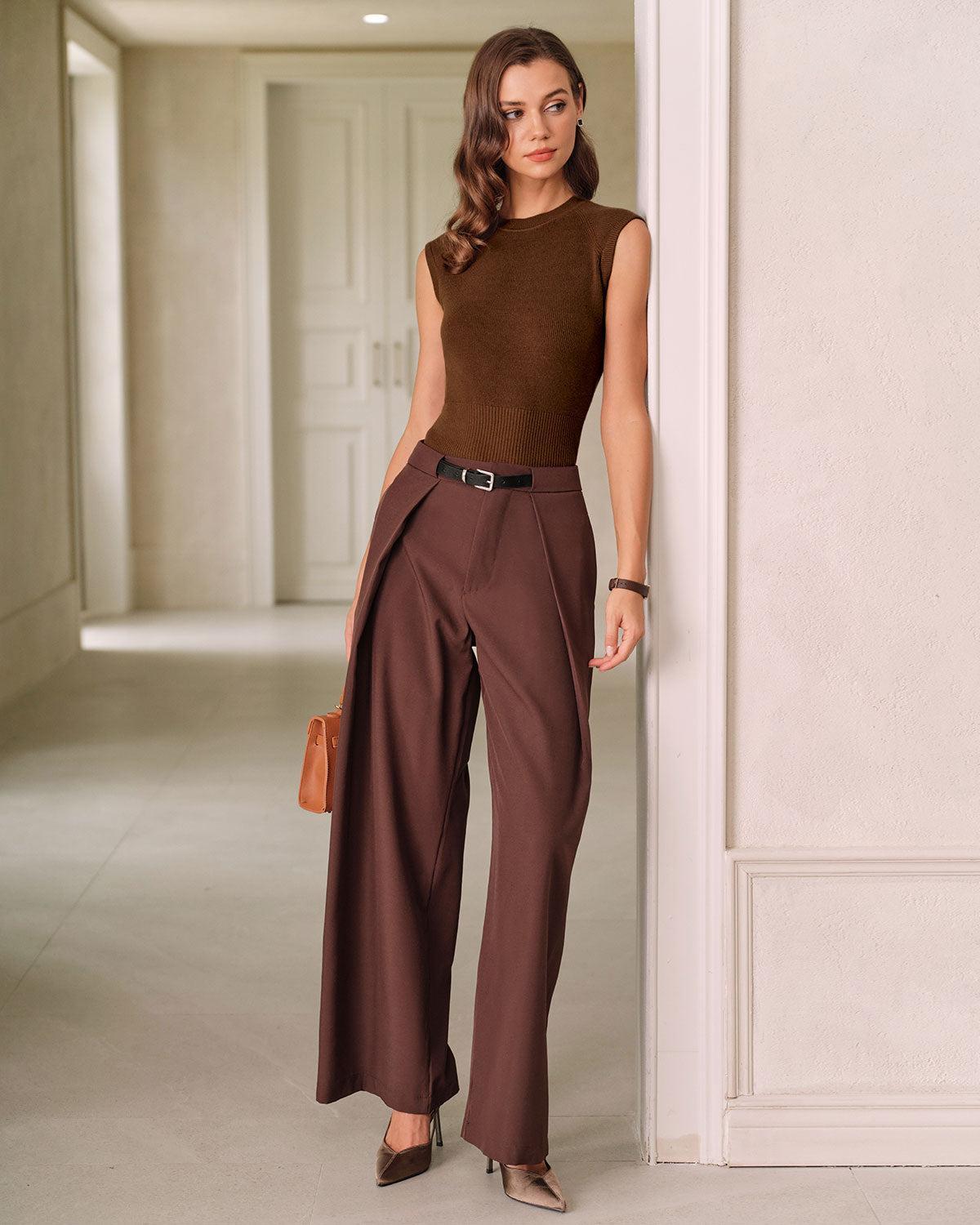 Brown Round Neck Knit Tank Top Product Image