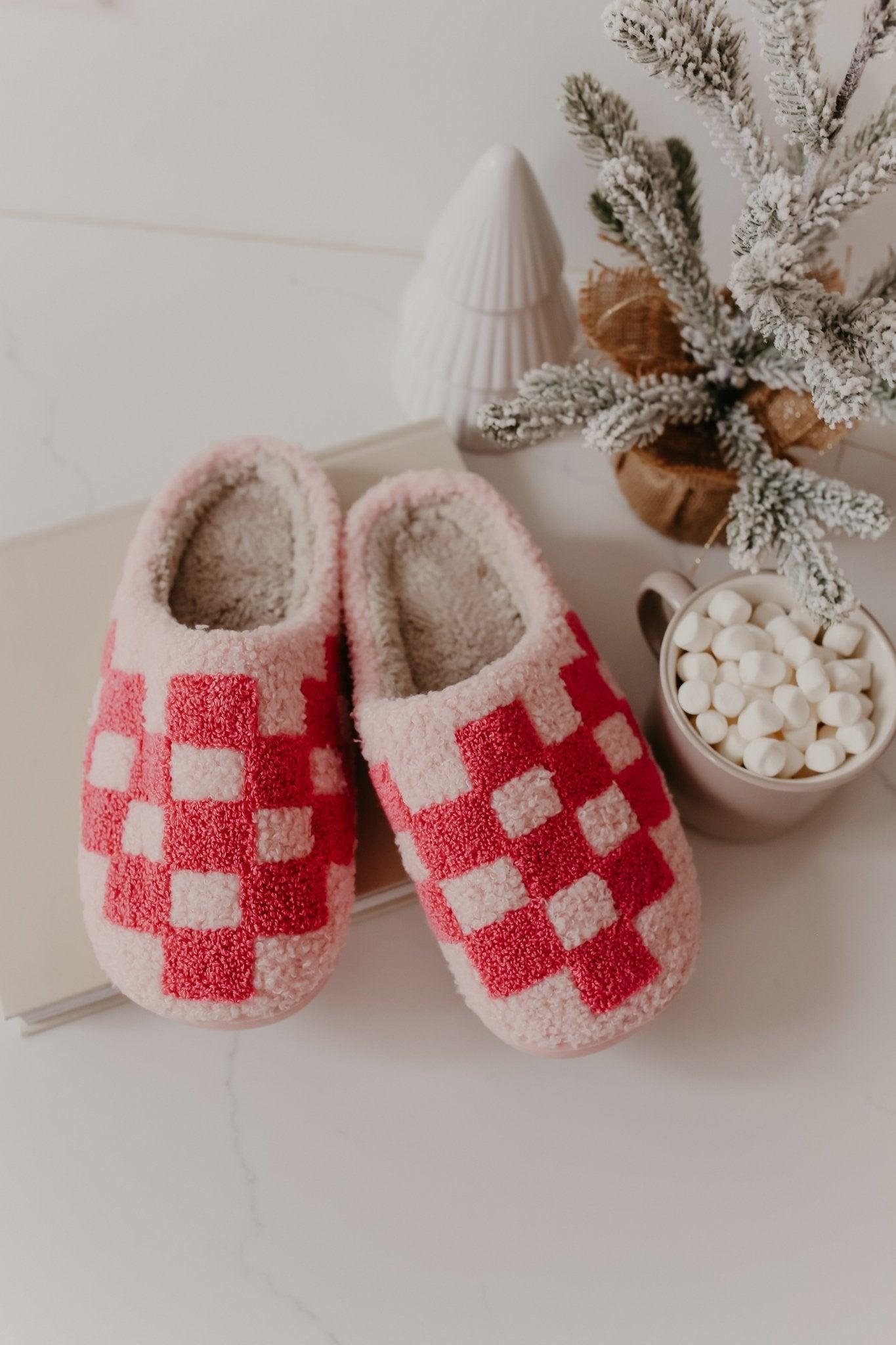 Pink Checkered Faux Plush Slippers - FINAL SALE Product Image