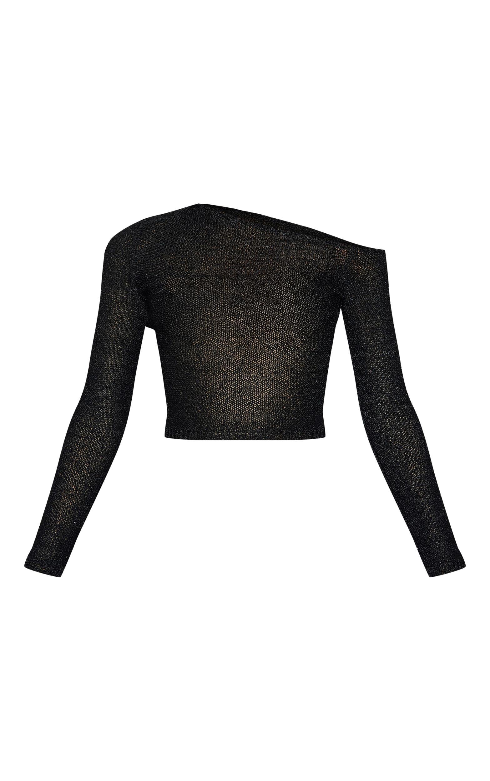 Black Sequin Knit Asymmetric Shoulder Top Product Image
