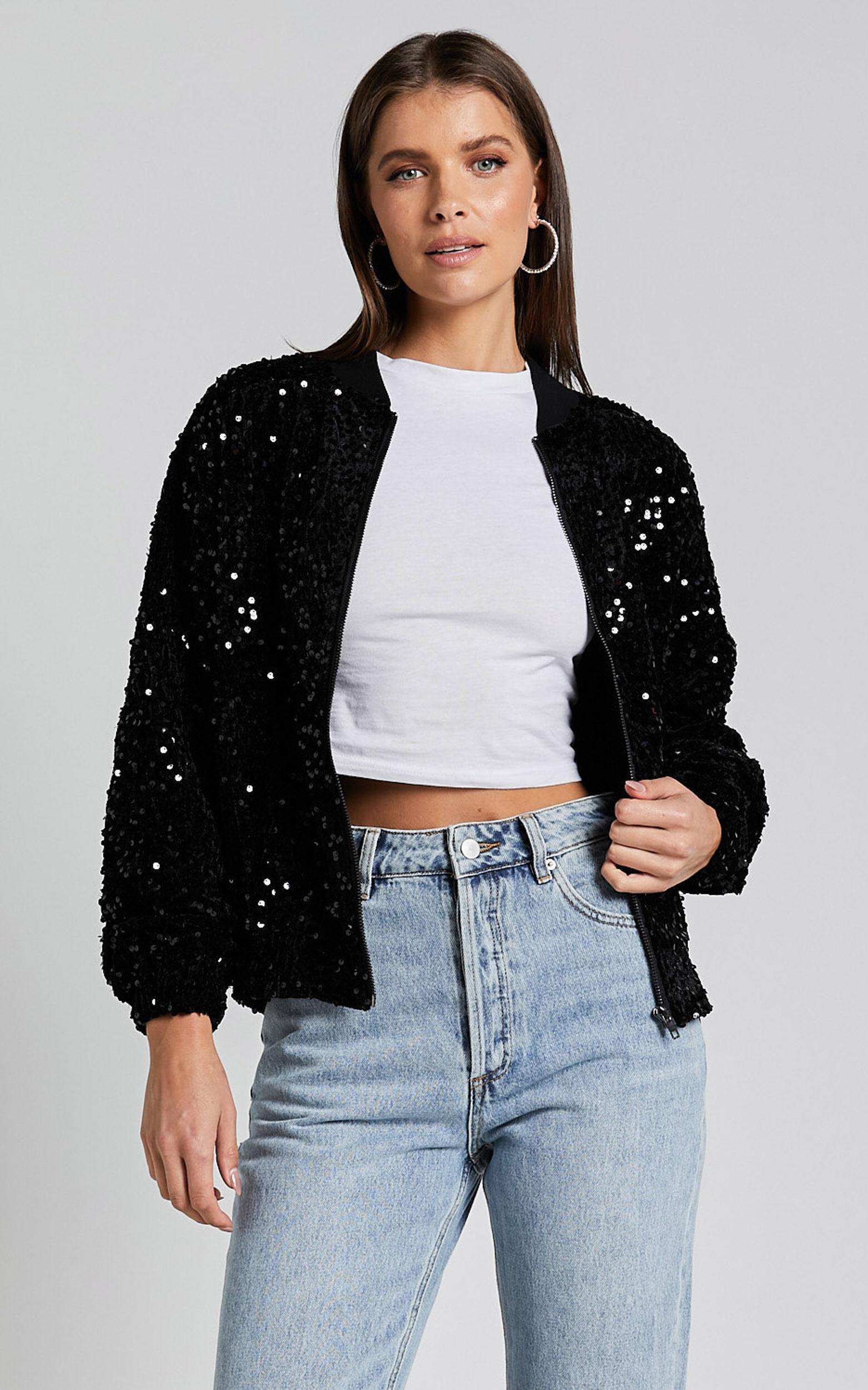 Poinsettia Jacket - Sequin Bomber in Black Product Image