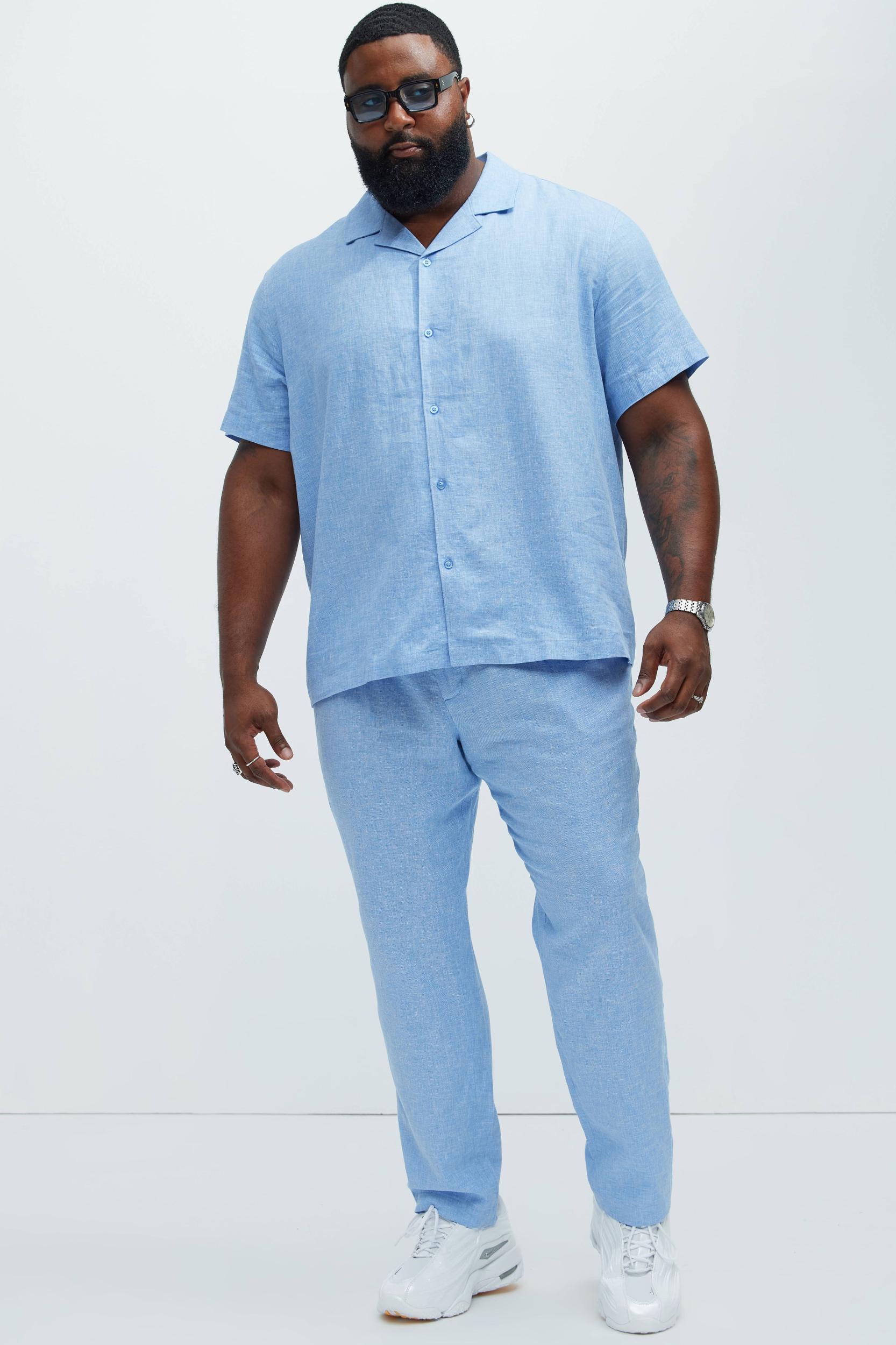 Bahamas Straight Pleated Linen Trousers - IceBlue Product Image