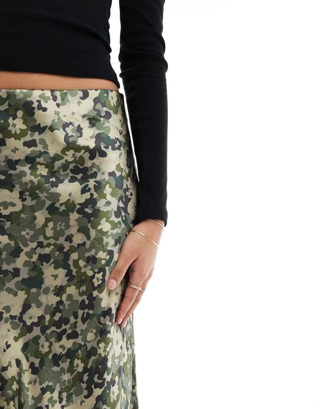 Threadbare satin maxi skirt in olive digital print Product Image