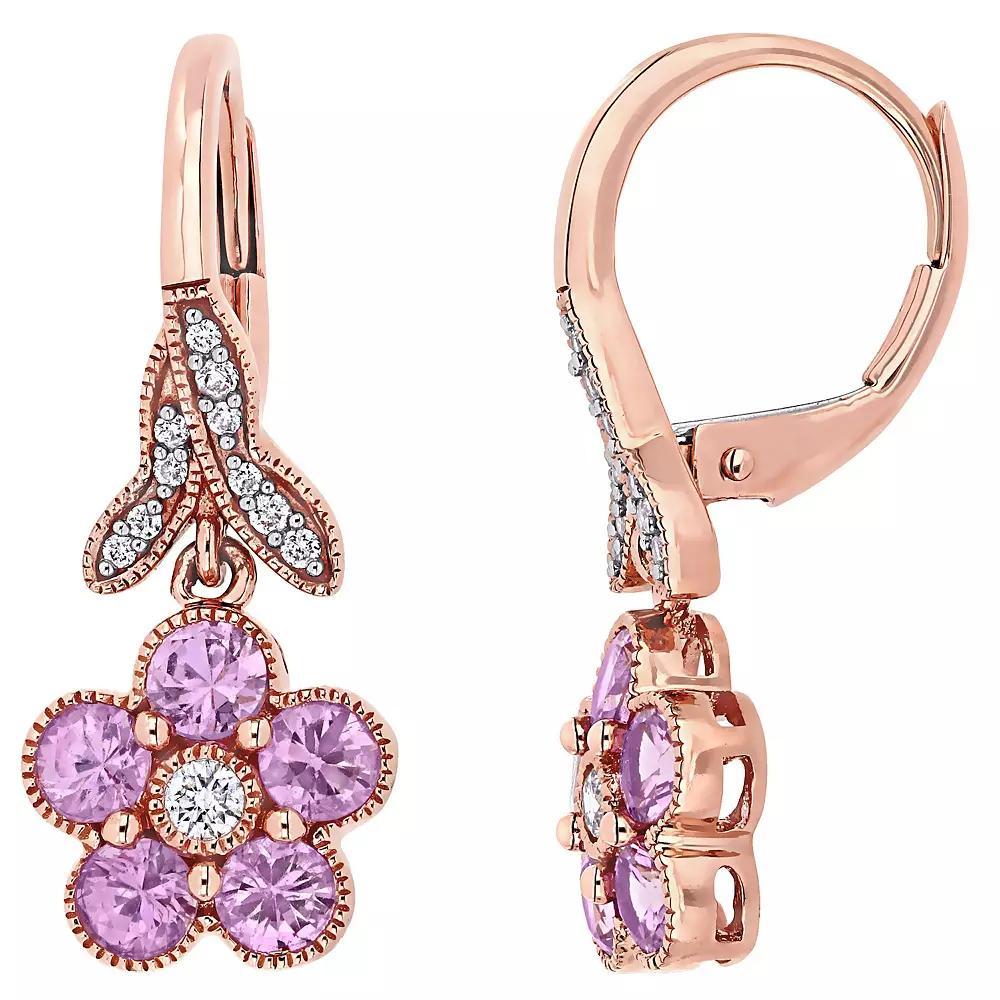 Stella Grace 14k Rose Gold Pink Sapphire & 1/7 Carat T.W. Diamond Flower Leverback Earrings, Women's Product Image