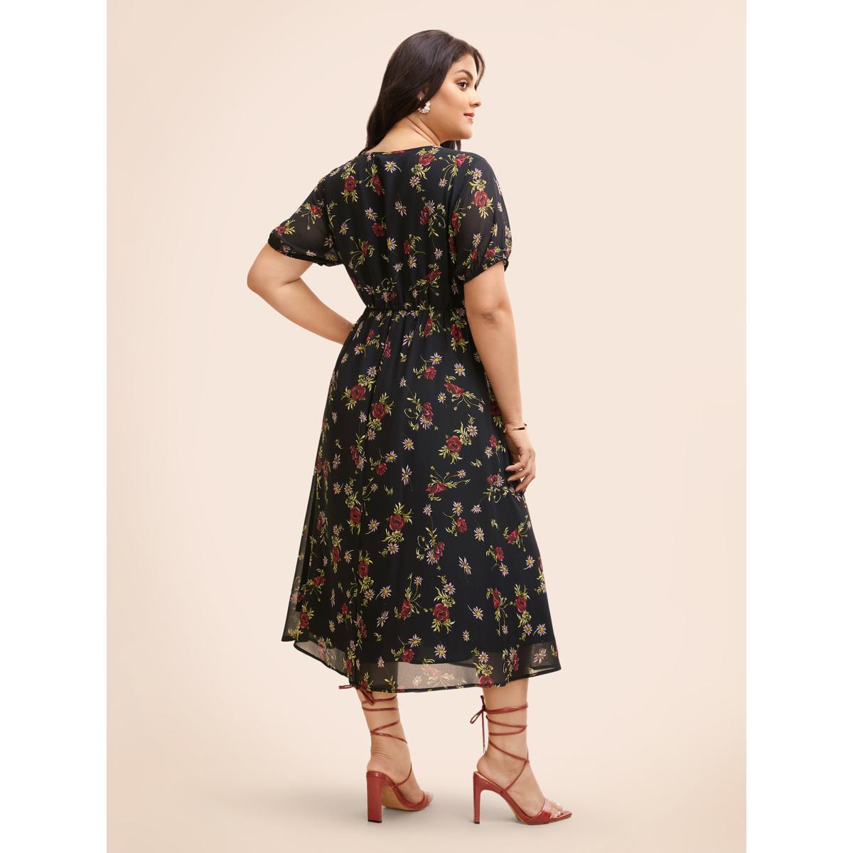 Plus Size Floral Notched Chiffon Mesh Midi Dress Black Women Timeless See through Notched collar Short sleeve Curvy BloomChic 28/5X Product Image