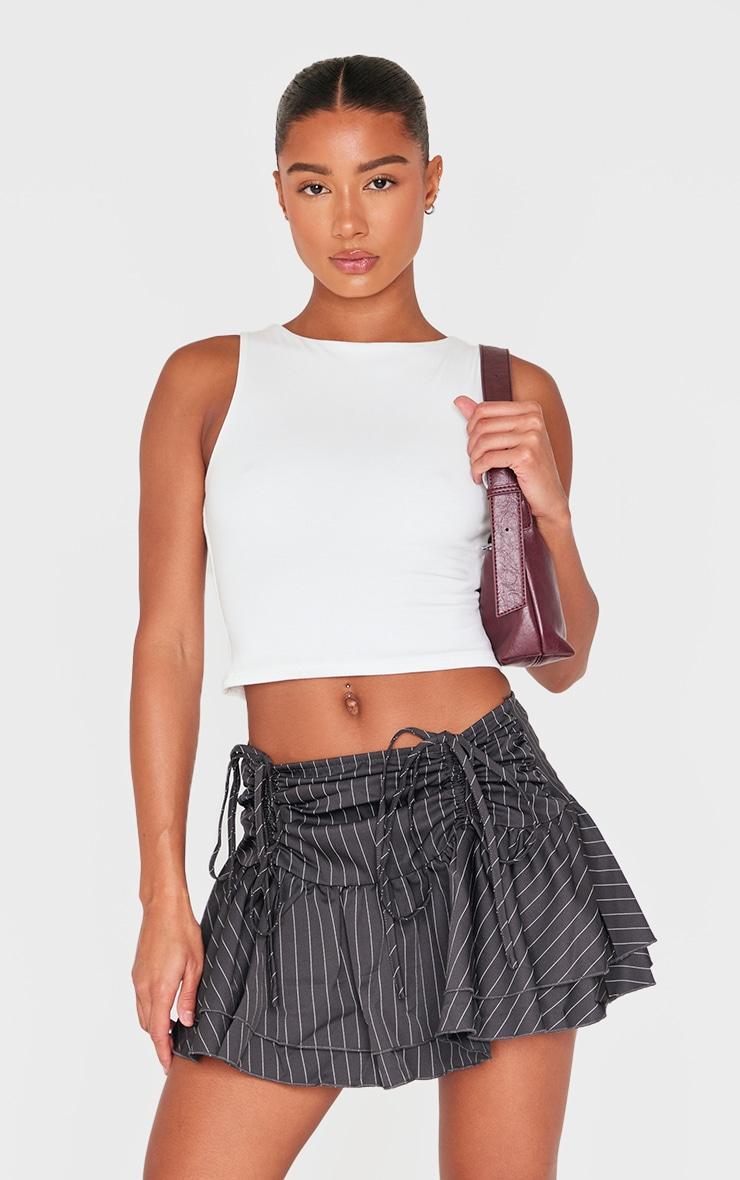 Charcoal Pinstripe Woven Ruched Front Peplum Mini Skirt Product Image