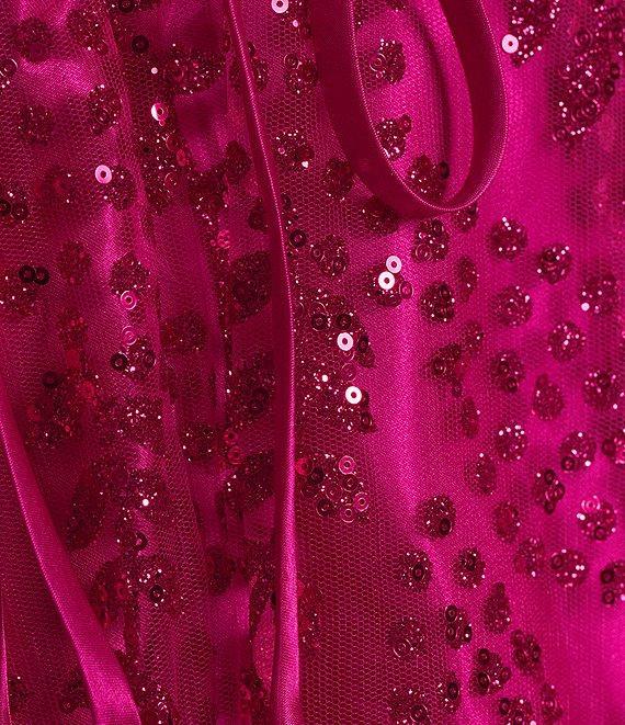 Blondie Nites Glitter Mesh Twist Front Cut Out Spaghetti Strap Tie Back Gown Product Image