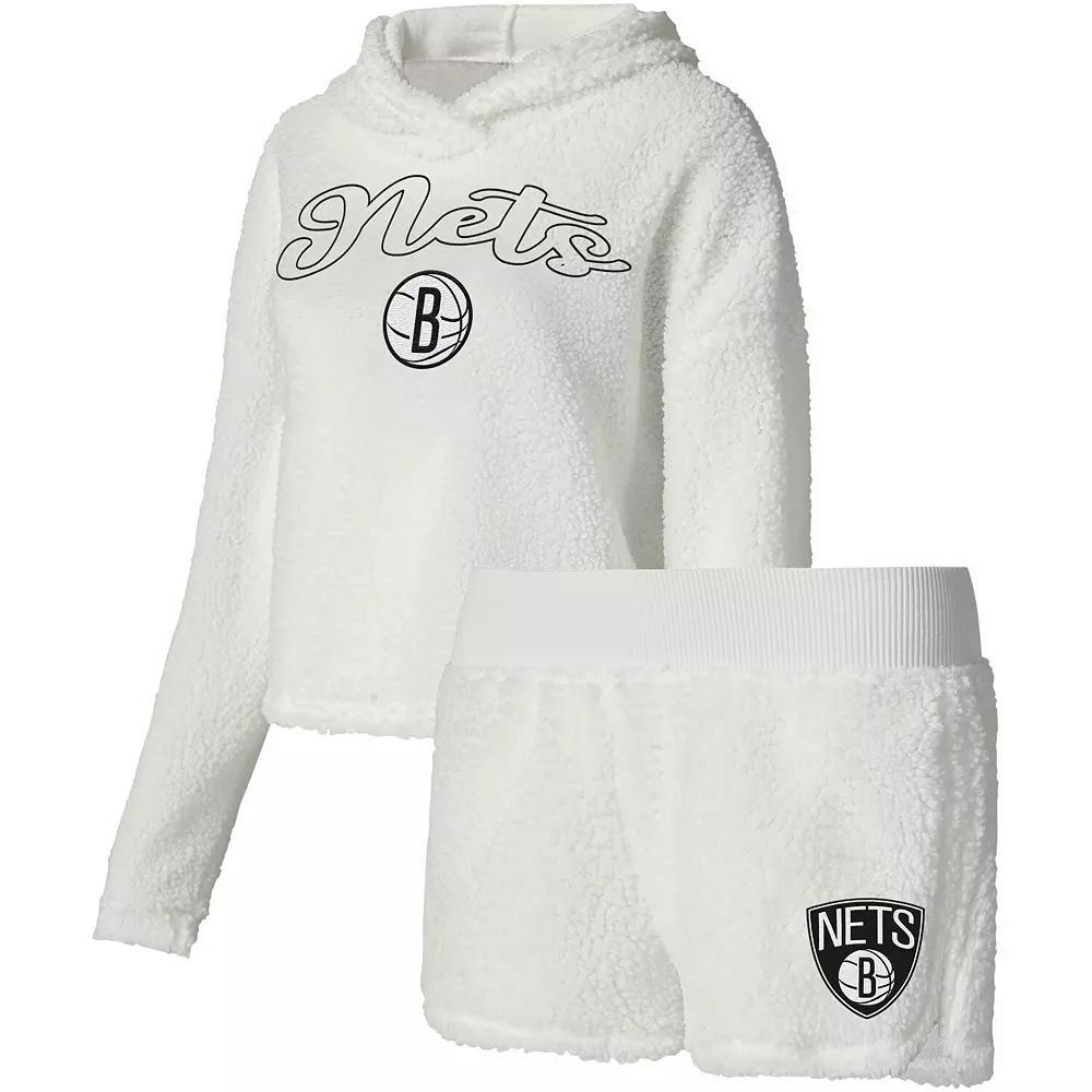 Women's College Concepts Cream Brooklyn Nets Fluffy Long Sleeve Hoodie T-Shirt & Shorts Sleep Set,  Product Image