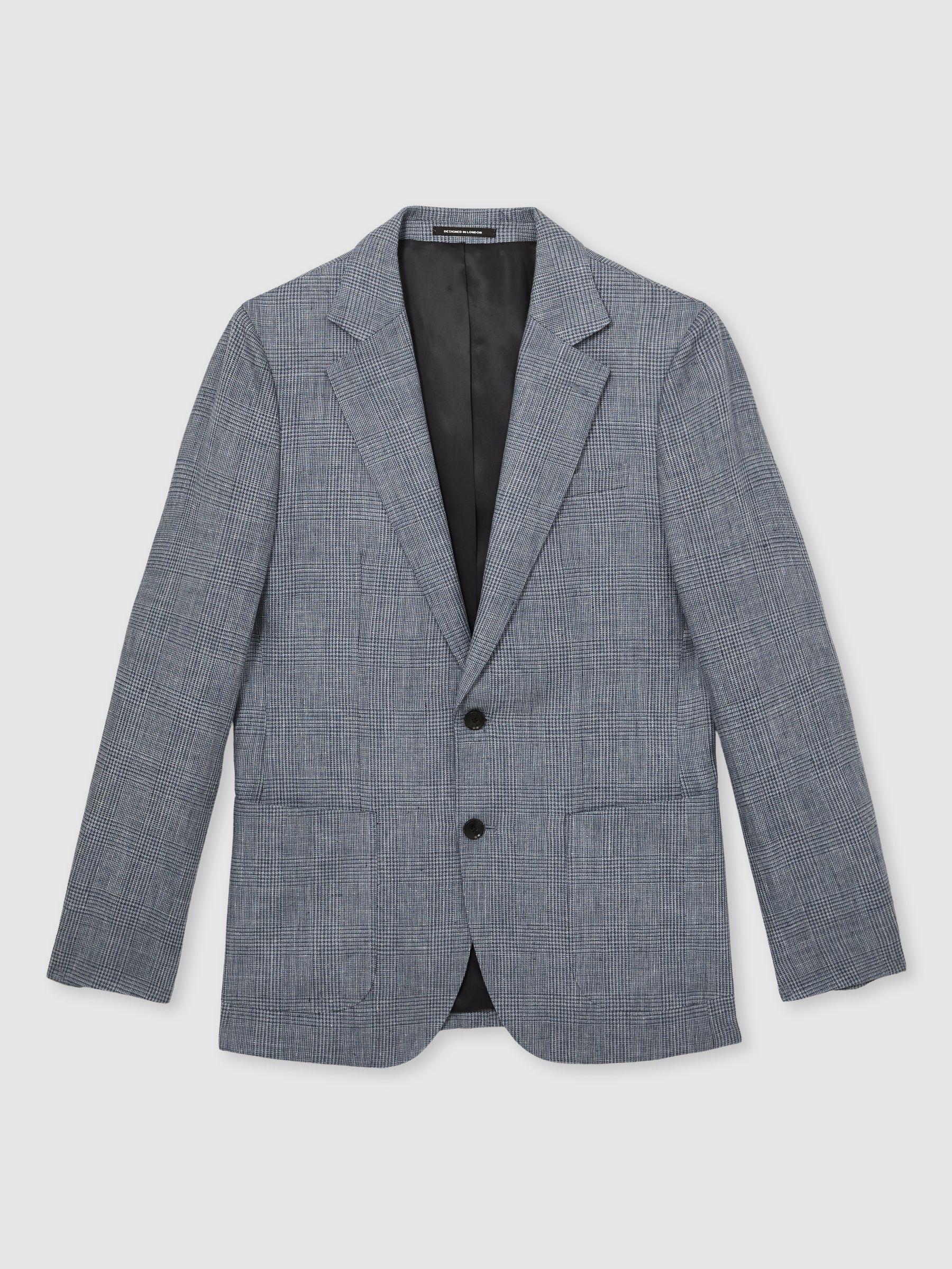 Slim Fit Single Breasted Linen Check Suit Blazer in Soft Blue Product Image