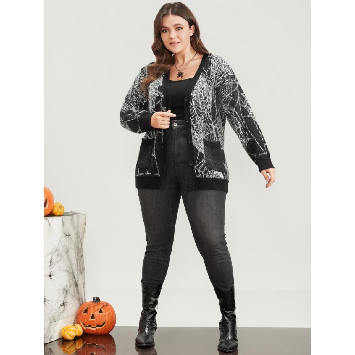 Plus Size Spider Web Plush Knit Pocket Button Front Cardigan BlackFlower Women Elegant Loose Long Sleeve Dailywear Cardigans BloomChic 26/4X Product Image