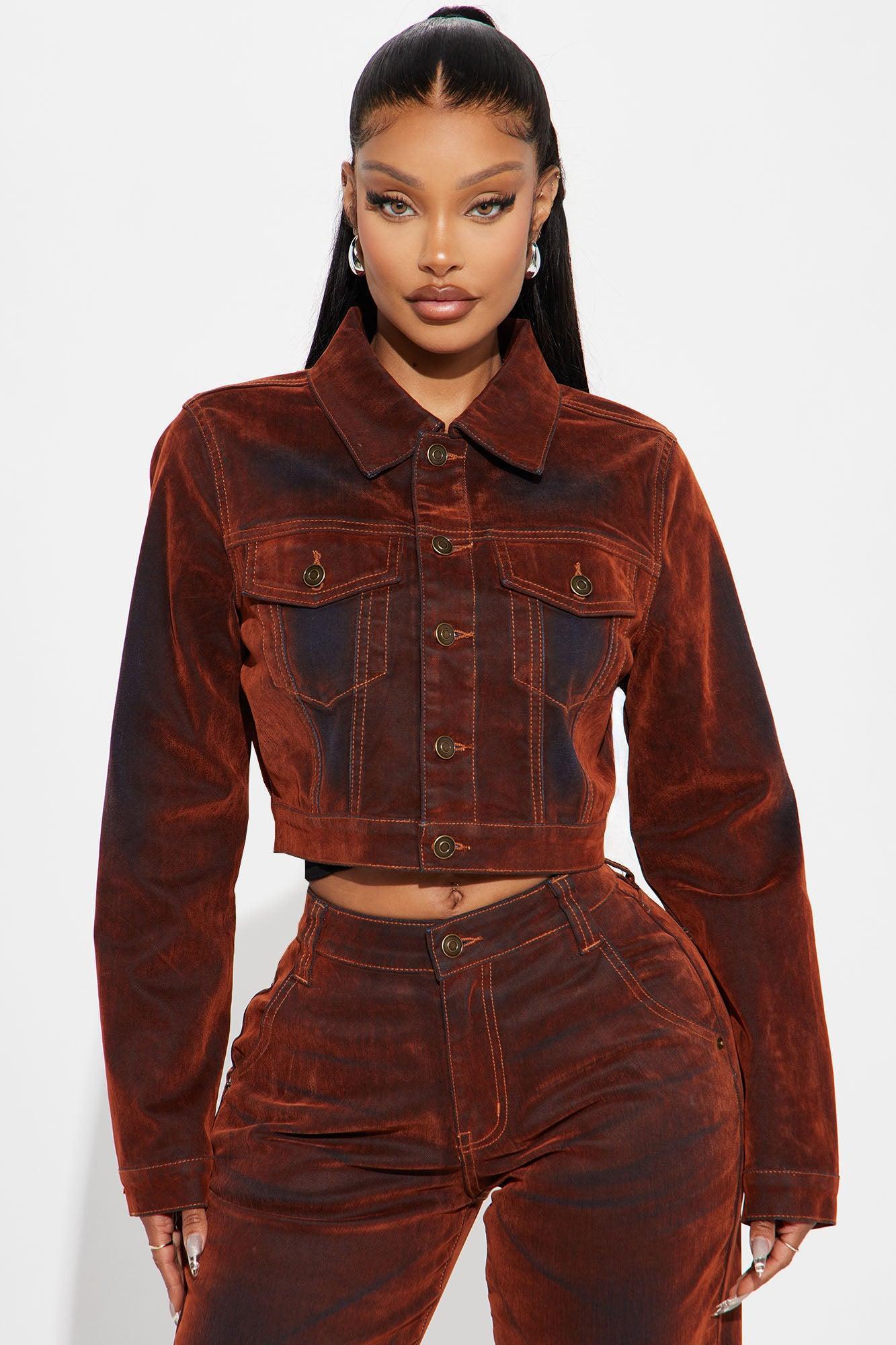 Karmic Stretch Velvet Denim Trucker Jacket - Rust Product Image