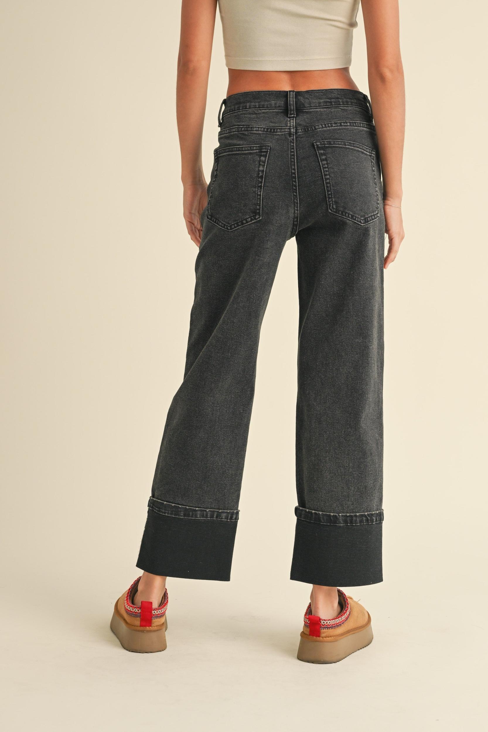 Cuffed Bottom Black Denim Pants Product Image