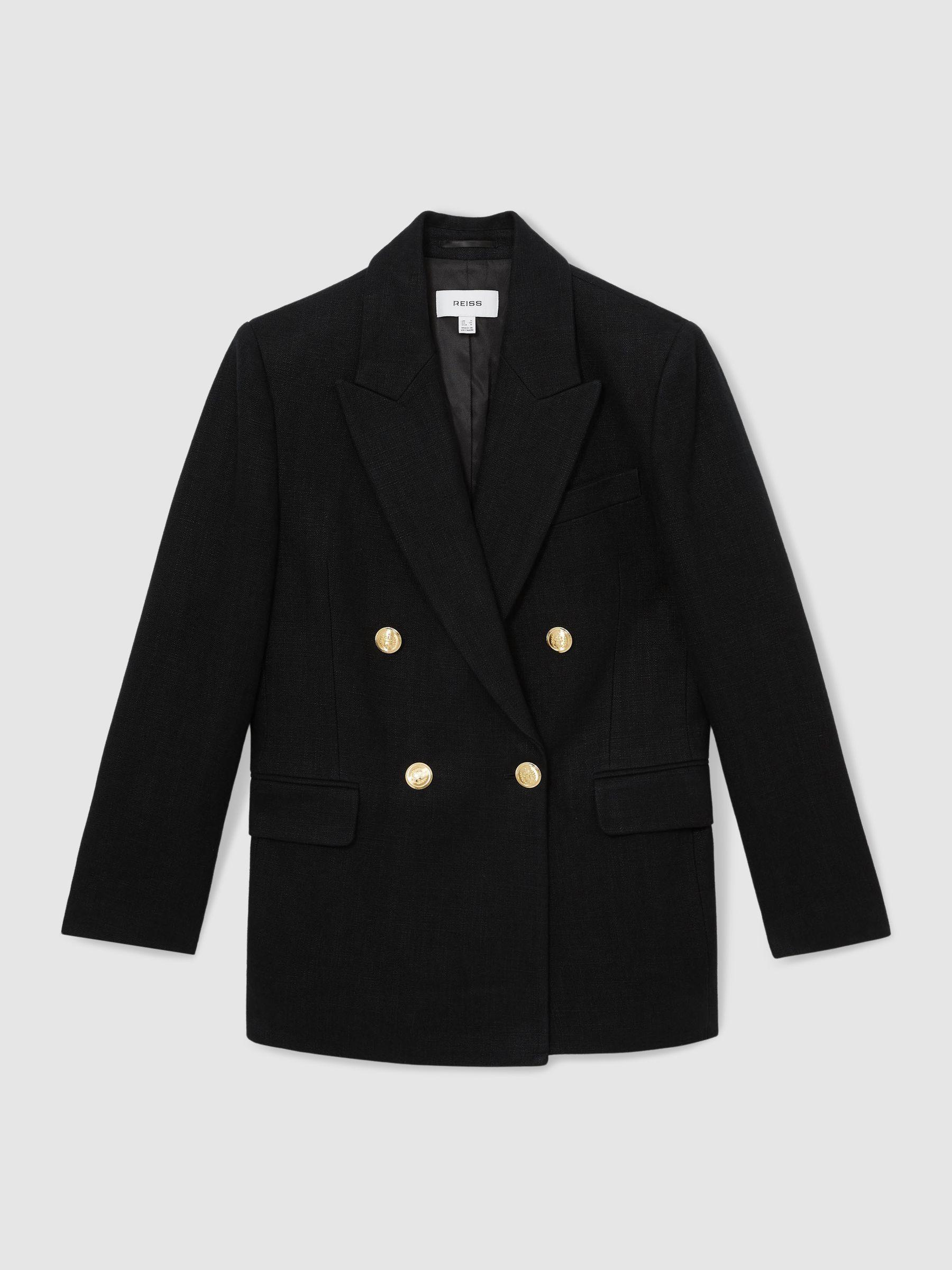 Oversized Double-Breasted Blazer Linen-Blend in Black Product Image