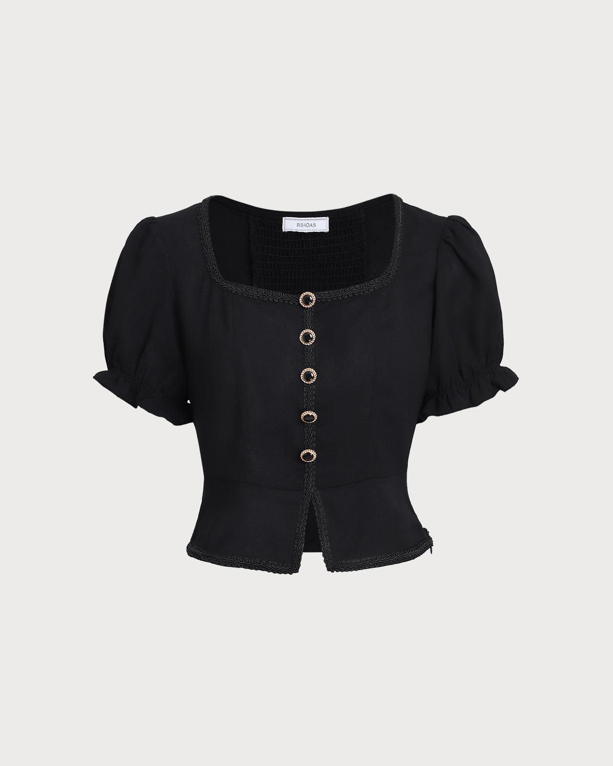 Black Square Neck Shirred Button Blouse Product Image