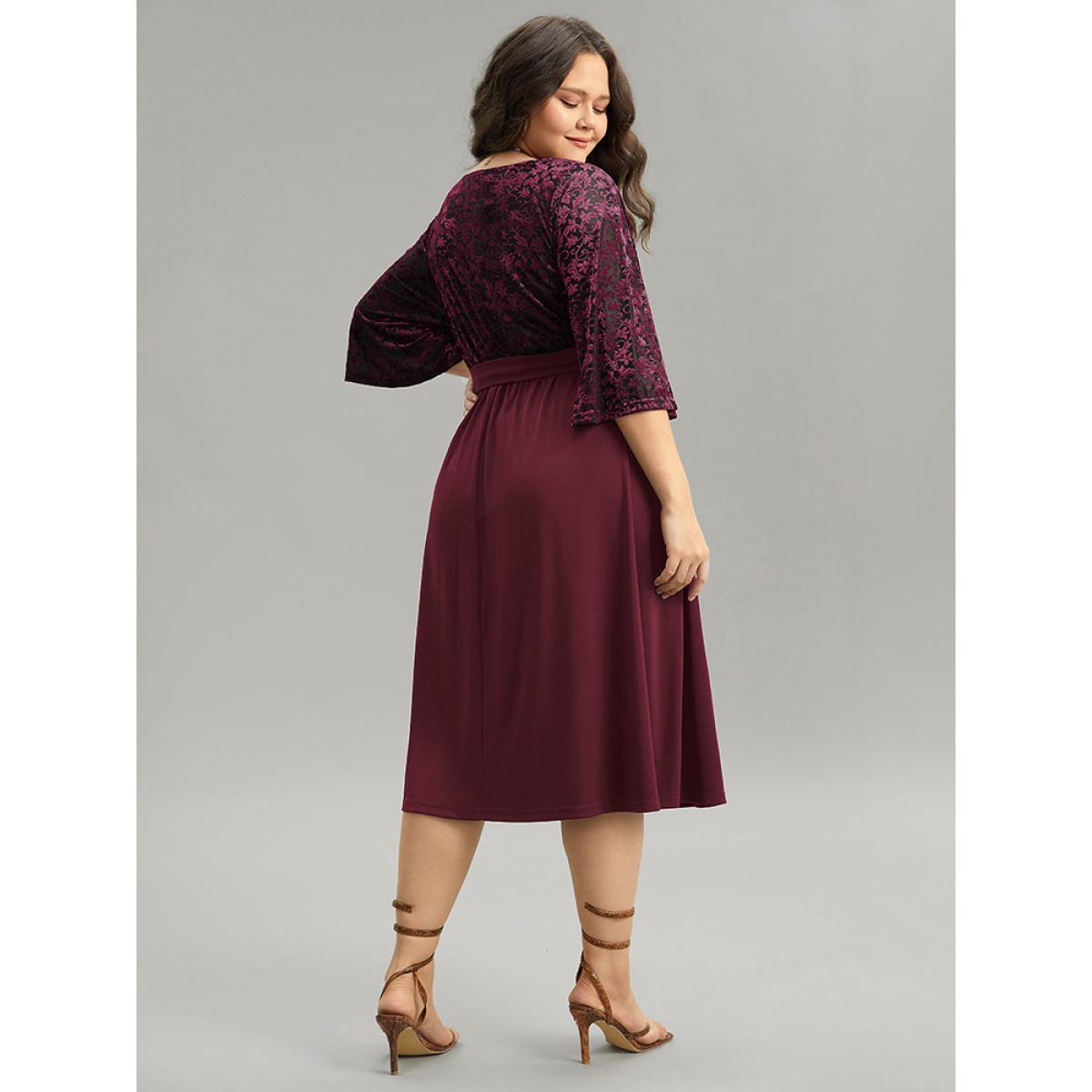 Plus Size Silhouette Floral Print Belted Patchwork Velvet Dress Burgundy Women Vacation Wrap Overlap Collar Elbow-length sleeve Curvy Midi Dress BloomChic 30/6X Product Image