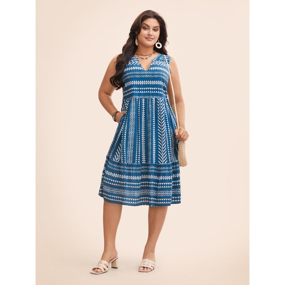 Plus Size Striped Geometric Pocket Ruffle Hem Sleeveless Tank Dress Aegean Women Casual Non V-neck Sleeveless Curvy BloomChic 26/4X Product Image