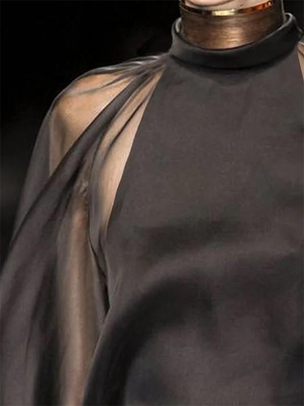 Long Sleeves Loose See-Through Solid Color Mock Neck Blouses&Shirts Tops Product Image