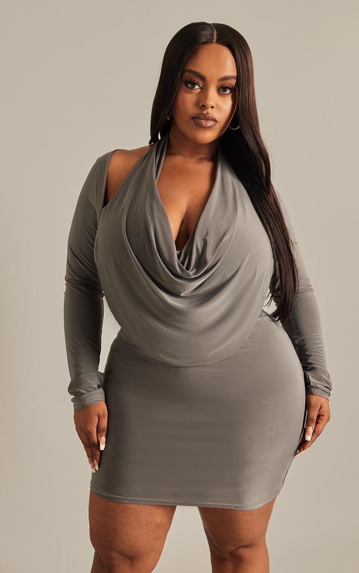 Plus Charcoal Cowl Neck Long sleeve Bodycon Dress Product Image