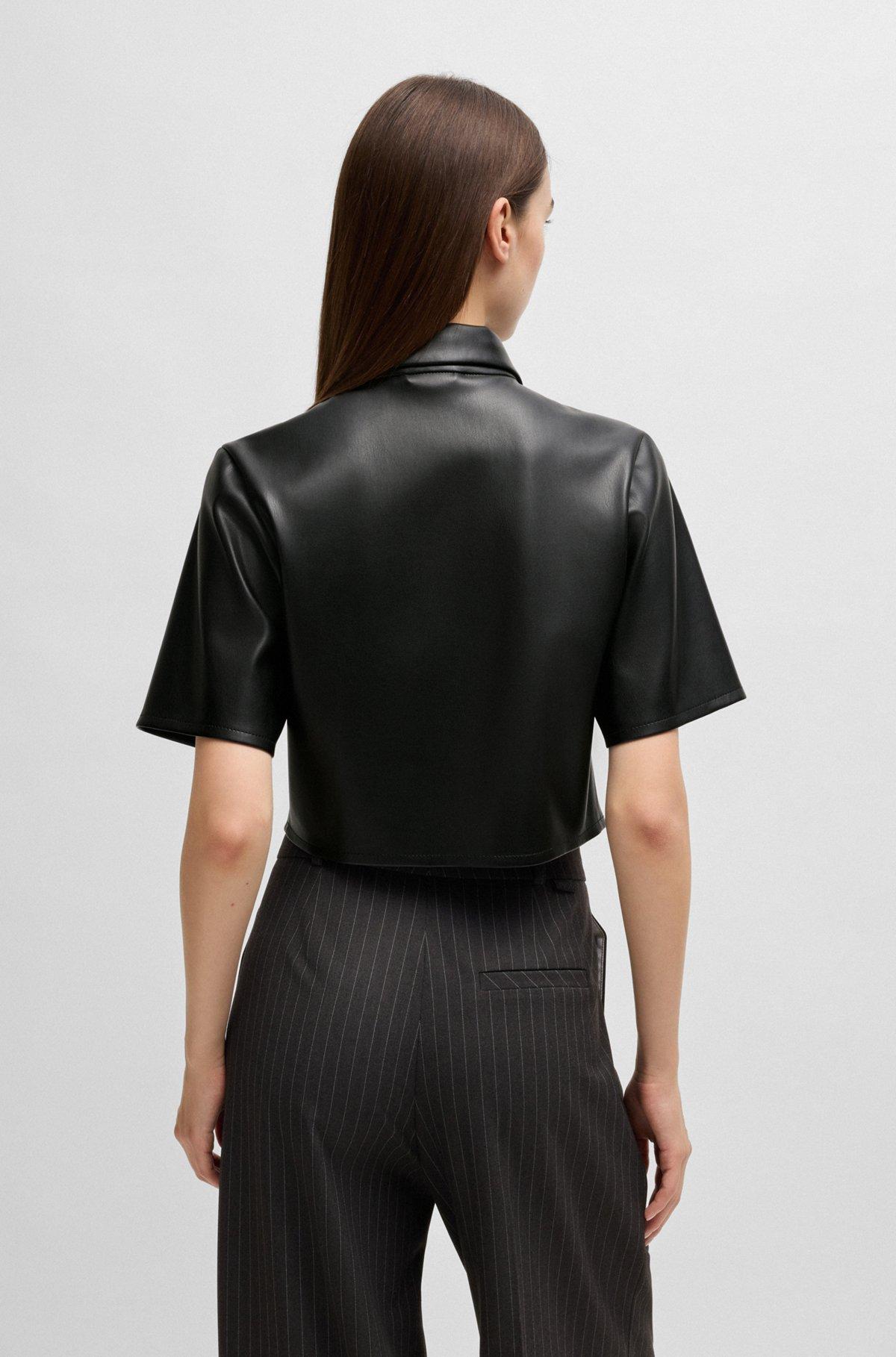HUGO - Sharp-fit top in faux leather with point collar - Black Product Image