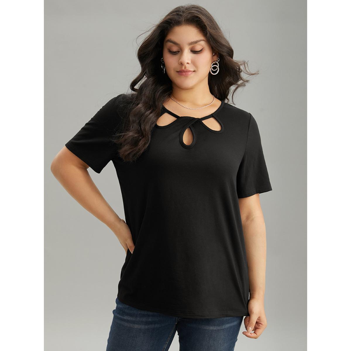 Plus Size Solid Keyhole Cut Out T-shirt Black Women Elegant Plain Plain Dailywear T-shirts BloomChic 12/L Product Image