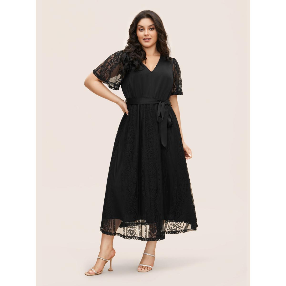 Plus Size Crochet Lace Mesh Backless Maxi Dress Black Women Formal Woven ribbon&lace trim V-neck Short sleeve Curvy BloomChic 22-24/3X Product Image
