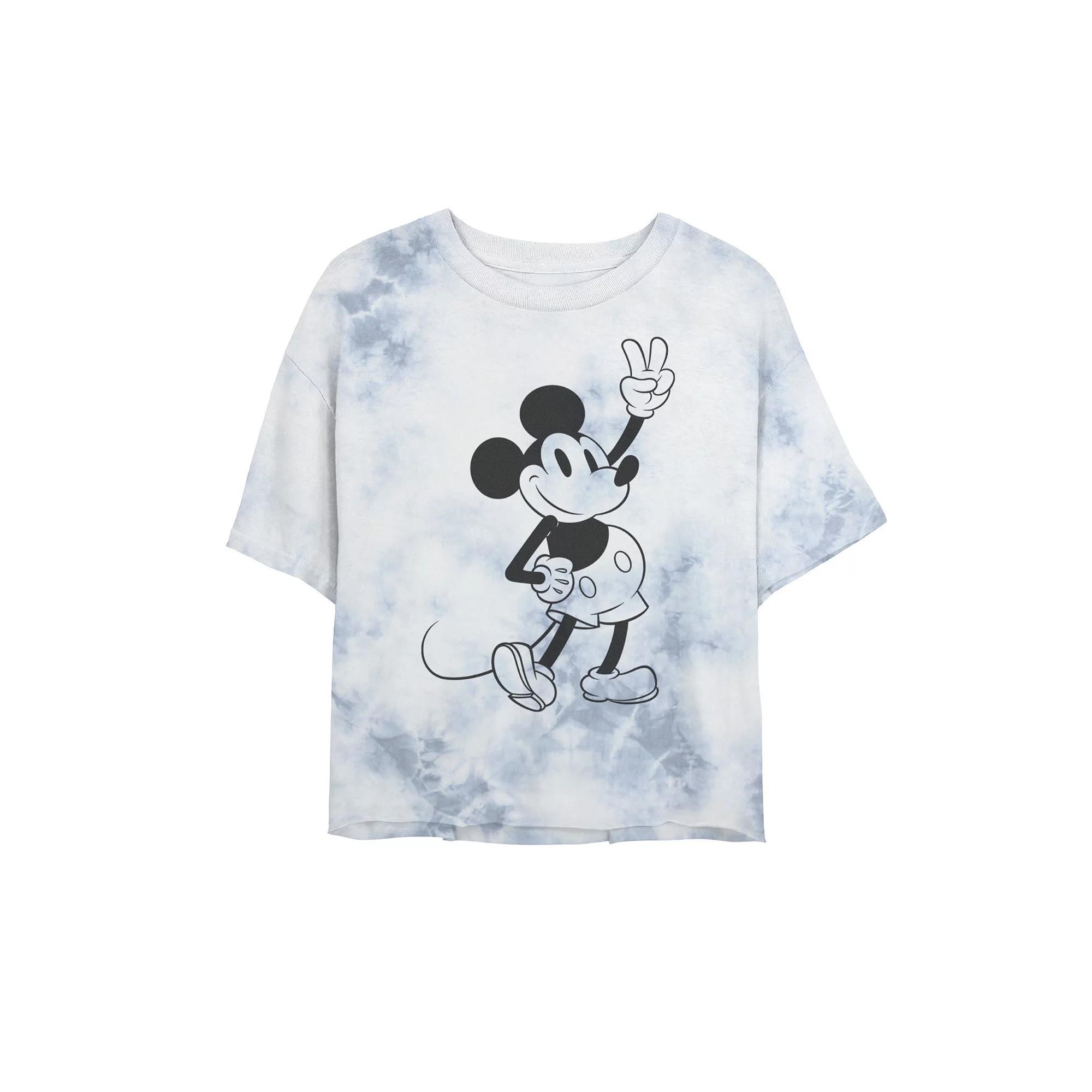 Juniors' Disney Mickey And Friends Mickey Peace Outline Bombard Wash Crop Graphic Tee, Women's, Size: Small, White Blue Product Image