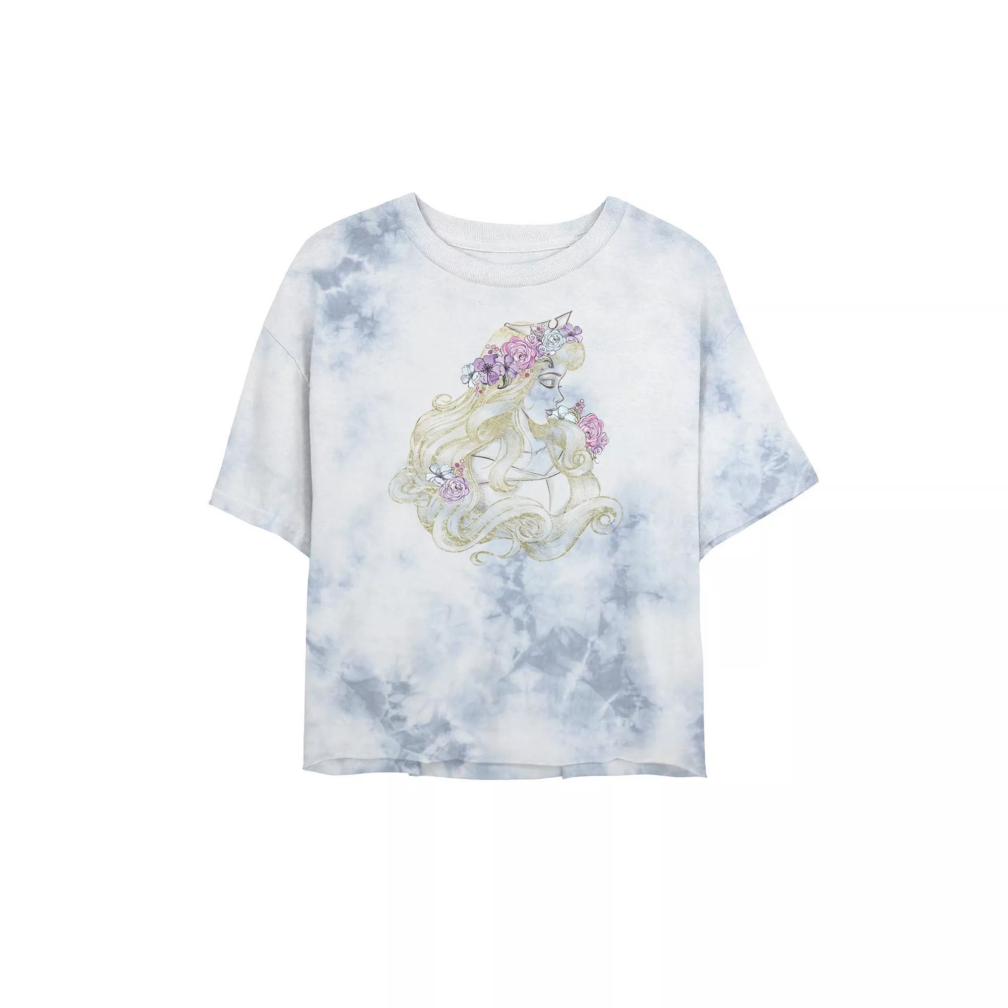 Juniors' Disney Princess Sleeping Beauty Colorful Illustration Bombard Wash Crop Graphic Tee, Women's, Size: XL, White Blue Product Image