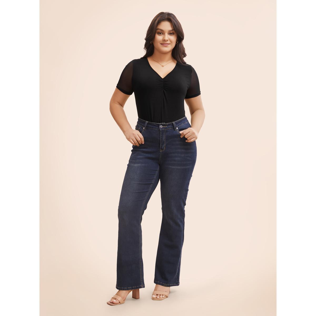 Plus Size V Neck Mesh Patchwork Ruched T-shirt Black Women Elegant Gathered Heart neckline Skinny Everyday T-shirts BloomChic 14-16/1X Product Image