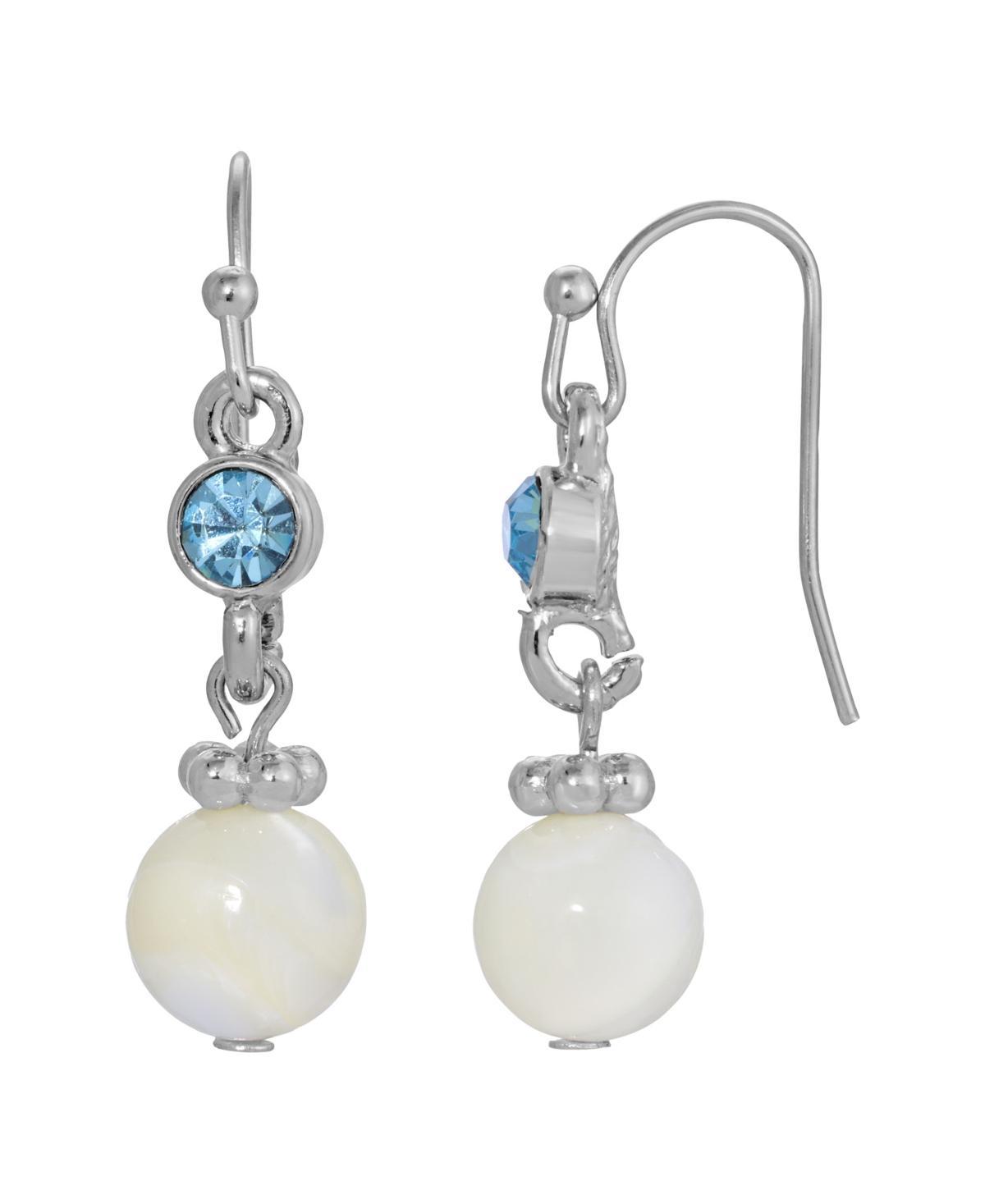 1928 Silver Tone Simulated Mother Of Pearl and Blue Crystal Drop Earrings, Womens, White Product Image