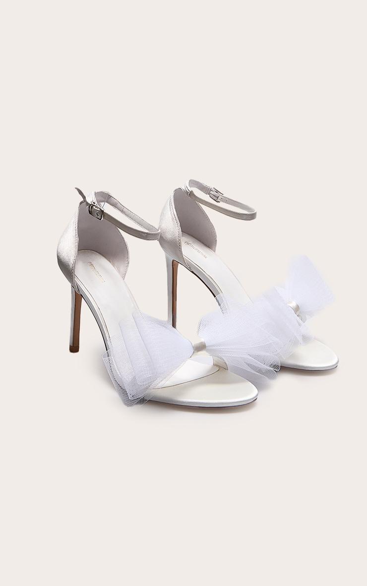 White Satin Round Toe Mesh Bow High Heeled Stiletto Sandals Product Image