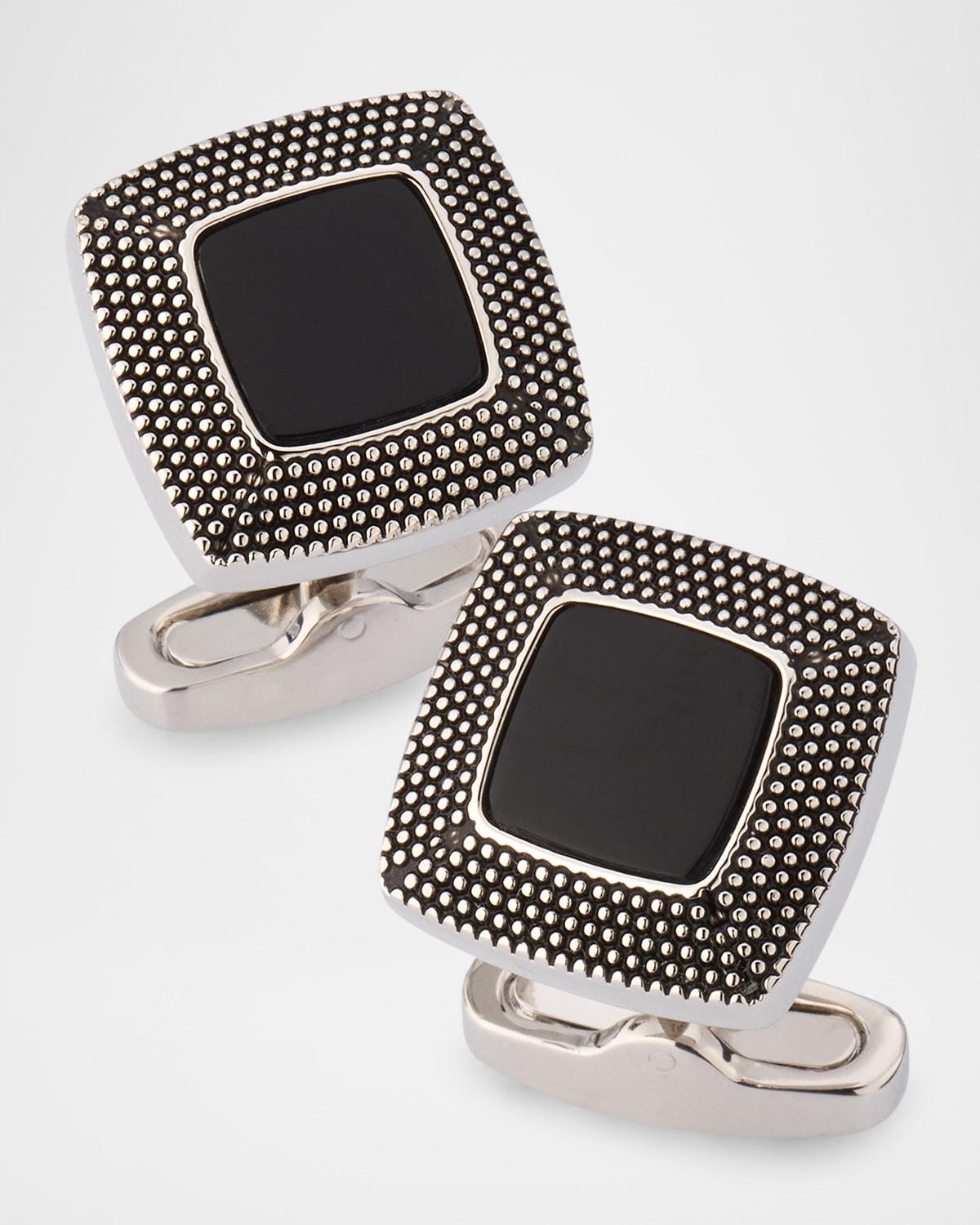 Mens Square Black Obsidian Antique Dot Border Cufflinks Product Image