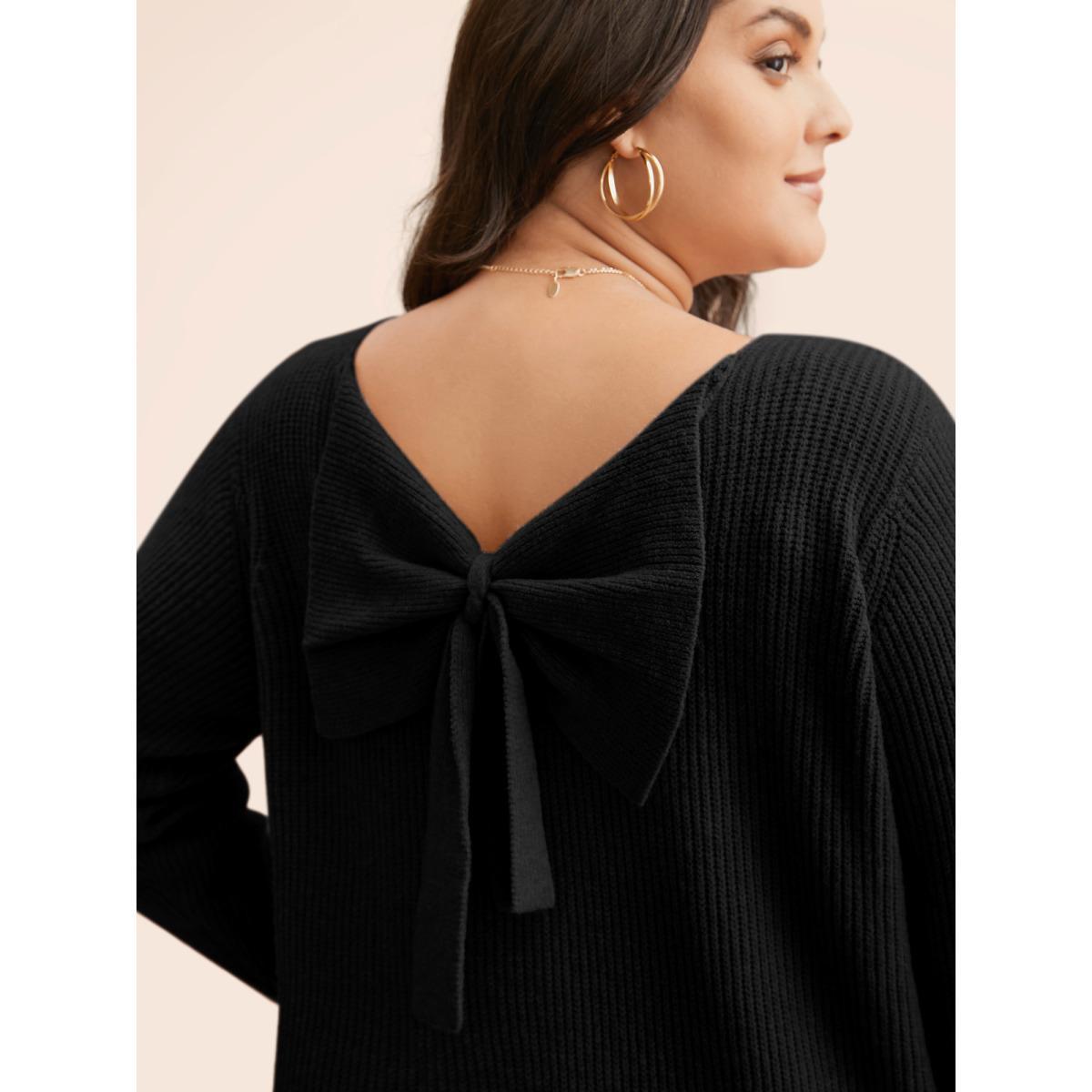 Plus Size Round Neck Texture Back Bowknot Pullover Black Women Casual Loose Long Sleeve Round Neck Everyday Pullovers BloomChic 14-16/1X Product Image