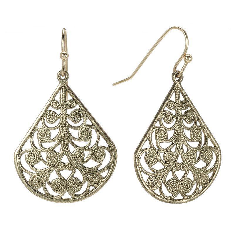 1928 Jet Filigree Teardrop Earrings, Womens, Gold Tone Product Image