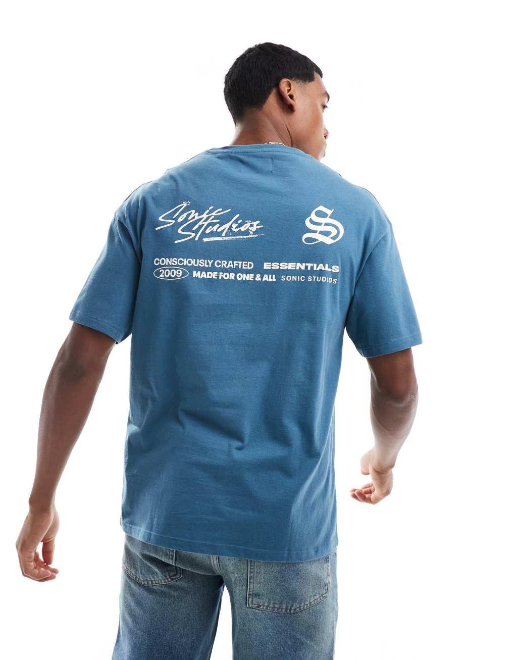 ADPT oversized T-shirt with text backprint in blue teal Product Image