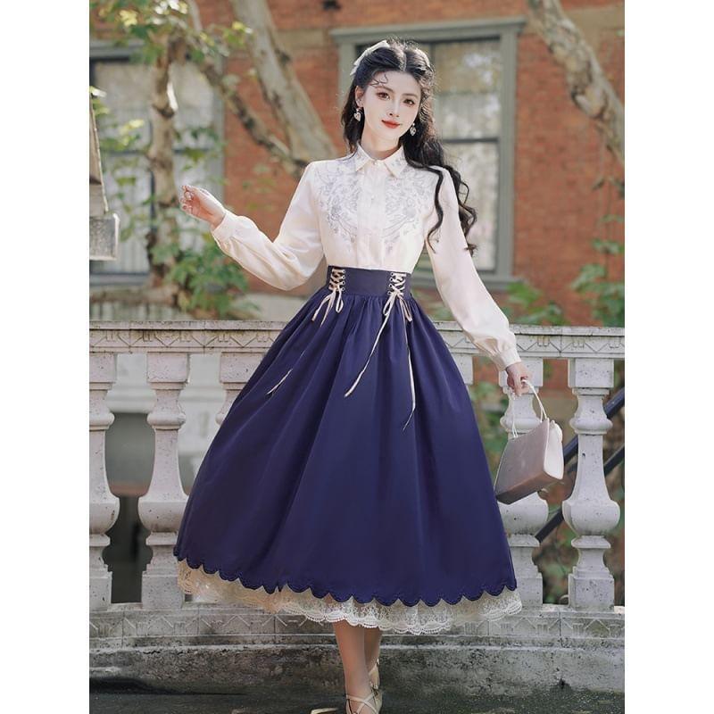 Traditional Chinese Long-Sleeve Shirt / High Waist Maxi Skirt / Set Product Image