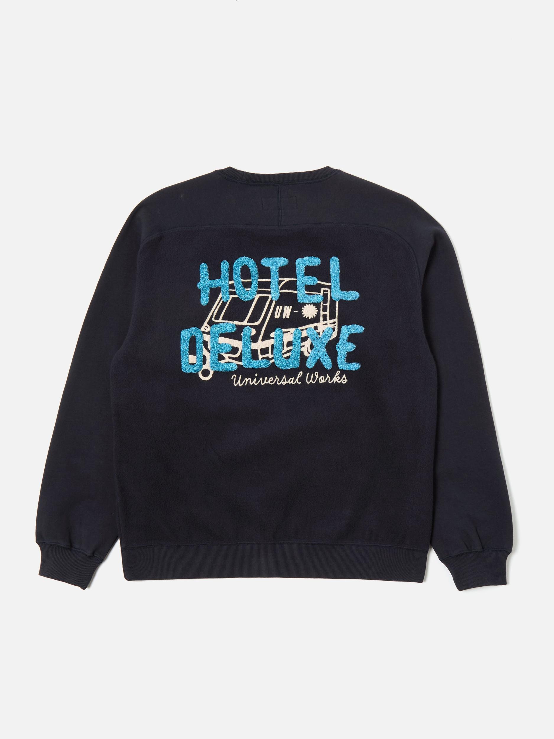Universal Works Crew Sweat in Navy 'Hotel Deluxe' Embroidered Brush Back Product Image
