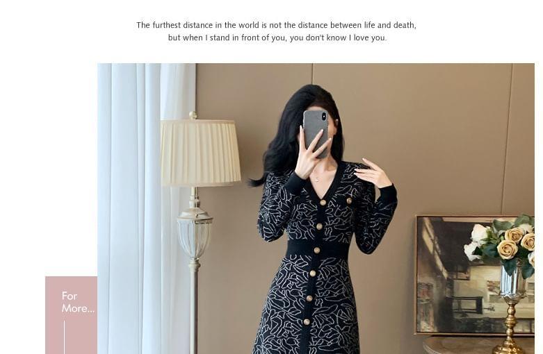 Long-Sleeve V-Neck Floral Knit Mini A-Line Dress Product Image