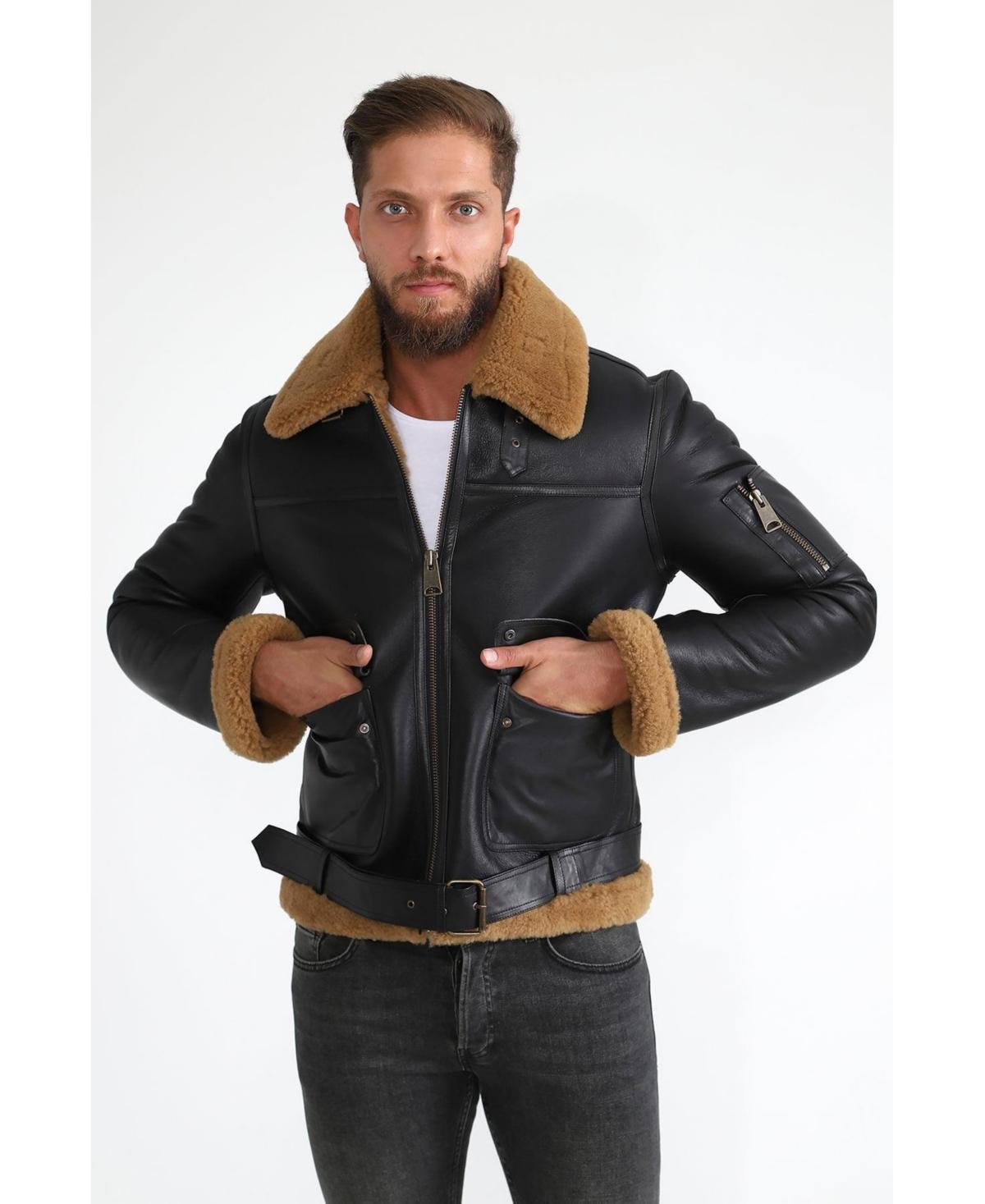 Furniq Uk Mens Shearling Belted Pilot Jacket, Silky Brown with Ginger Curly Wool Product Image