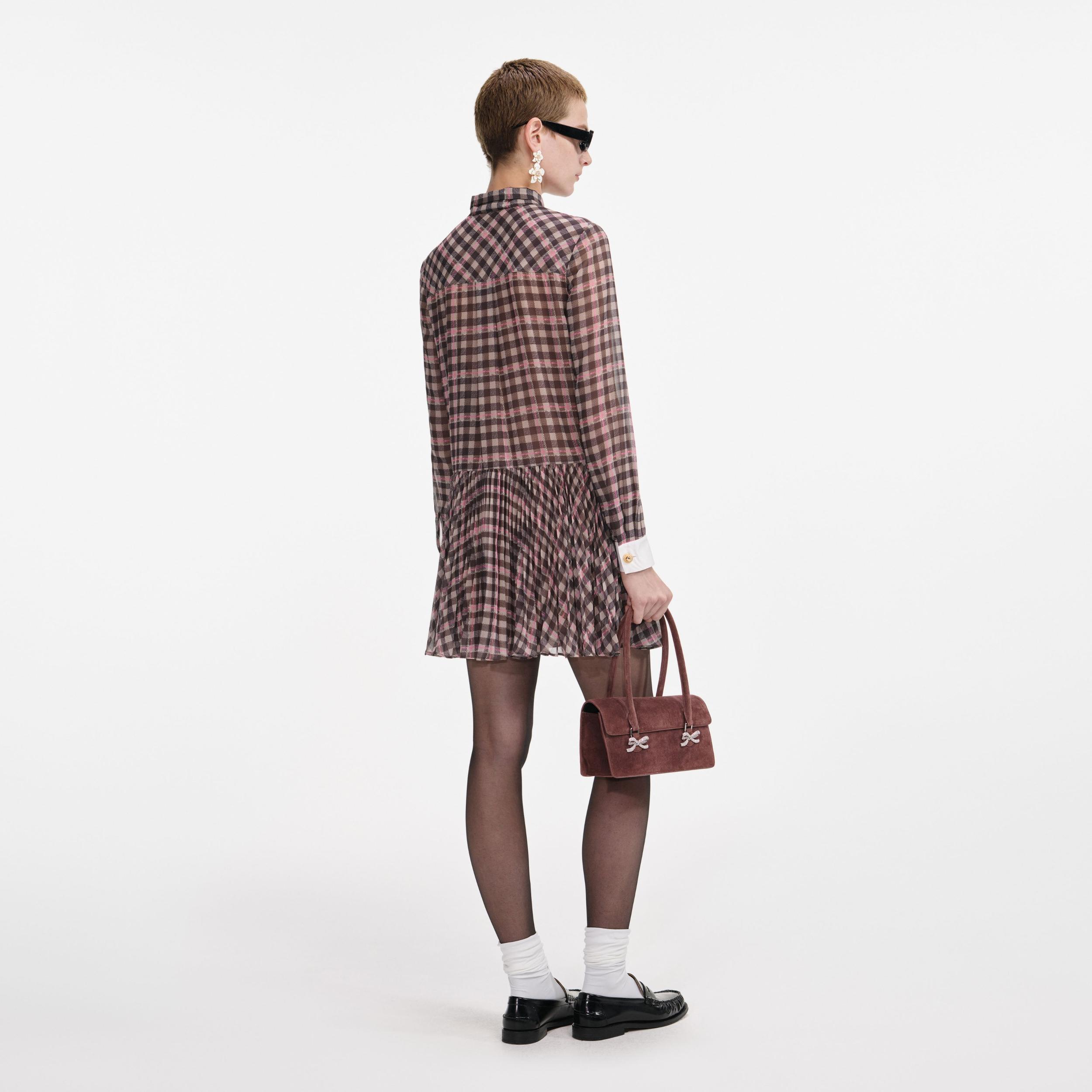 Brown Check Chiffon Mini Dress Product Image