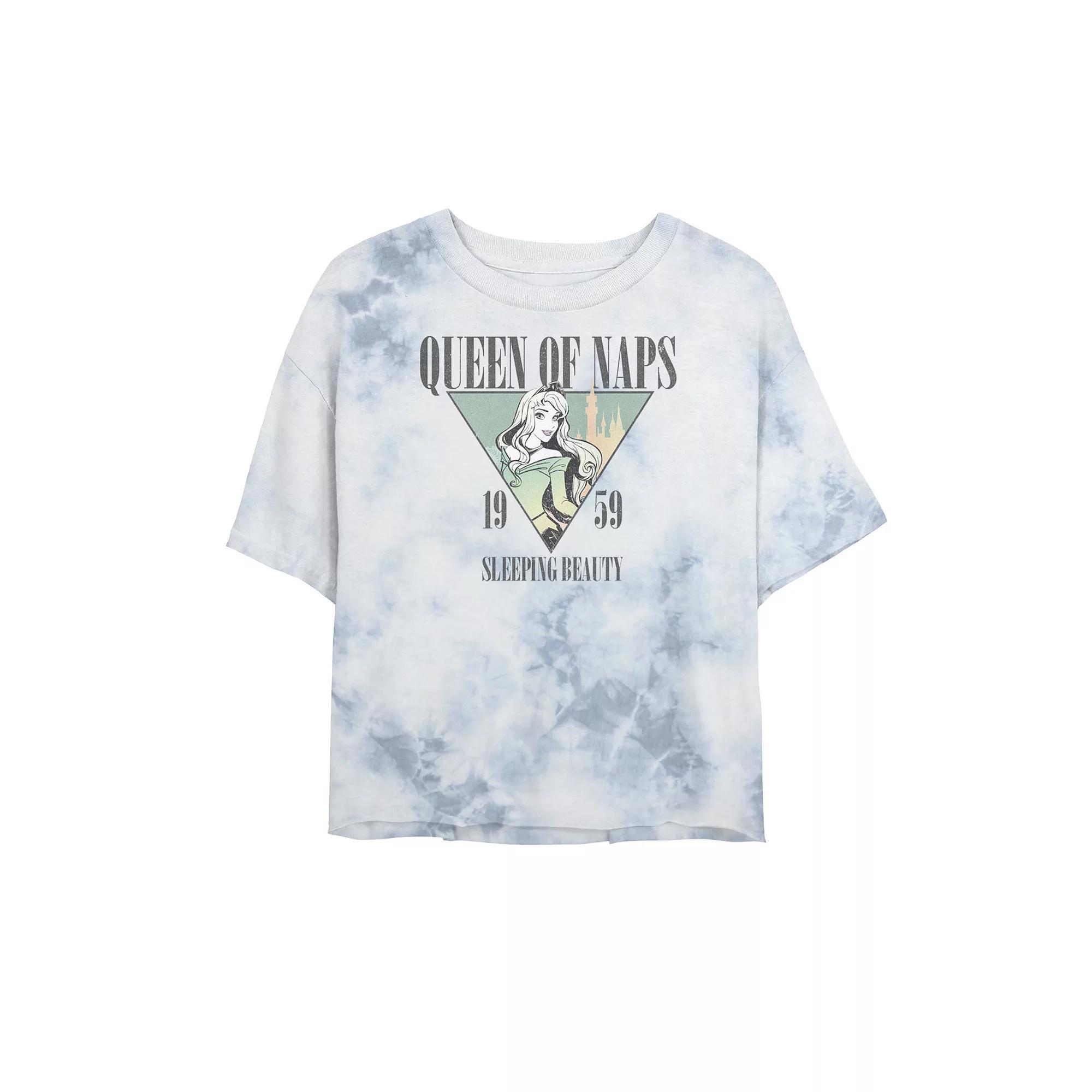 Juniors' Disney Princess Sleeping Beauty Nap Queen 1959 Bombard Wash Crop Graphic Tee, Women's, Size: Small, White Blue Product Image