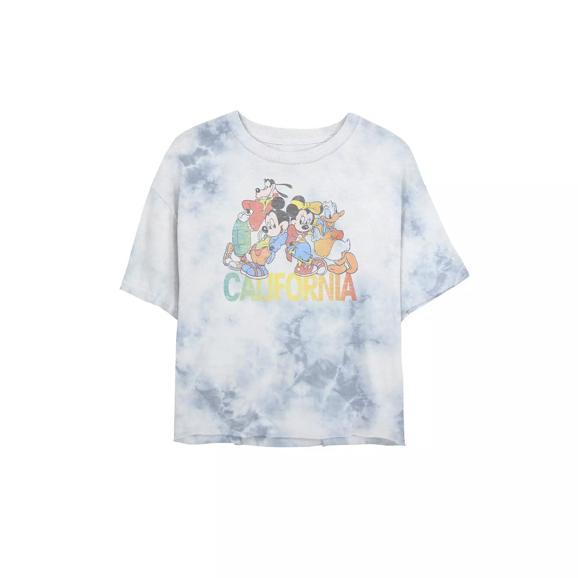 Juniors' Disney Mickey & Friends California Group Shot Bombard Wash Crop Graphic Tee, Women's, Size: XL, White Blue Product Image