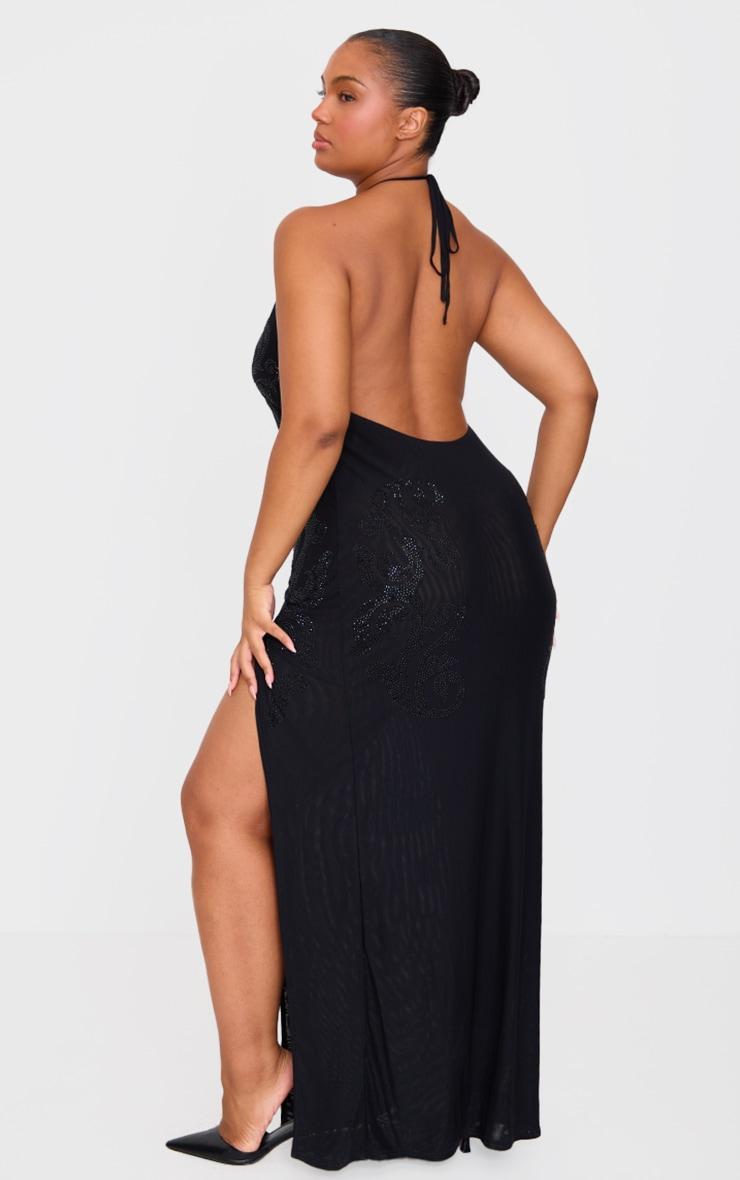 Plus Black Lined Mesh Diamante Detail Split Maxi Dress Product Image