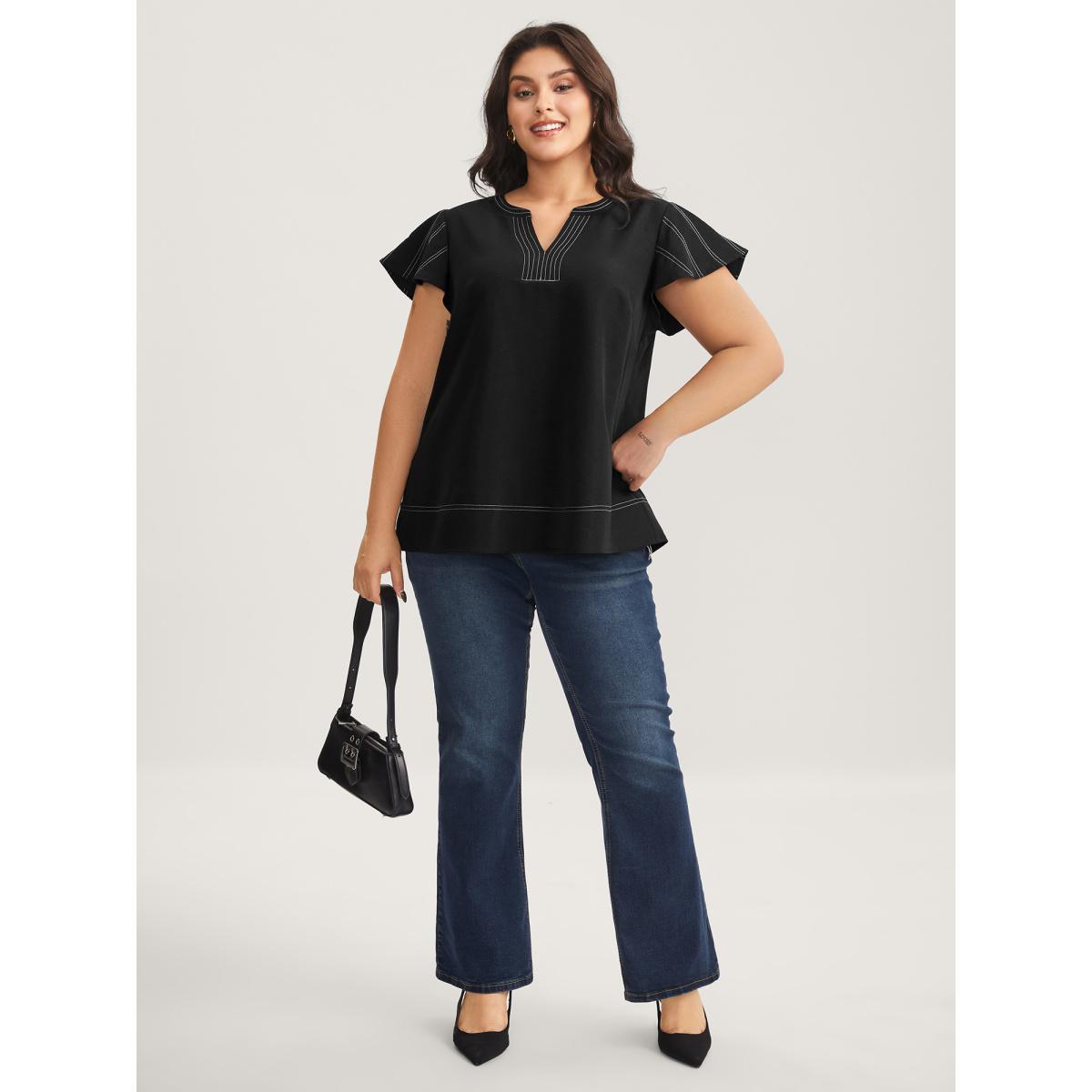 Plus Size Black Color Block Stripe Flutter Sleeve Blouse Women Cap Sleeve Notched collar Work Blouses BloomChic 14-16/1X Product Image