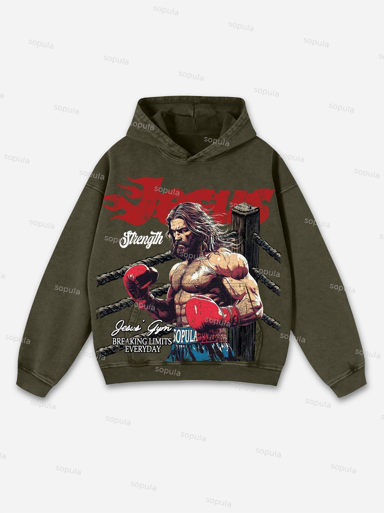 Jesus' Gym Boxer Graphic Print Washed Hoodie Product Image