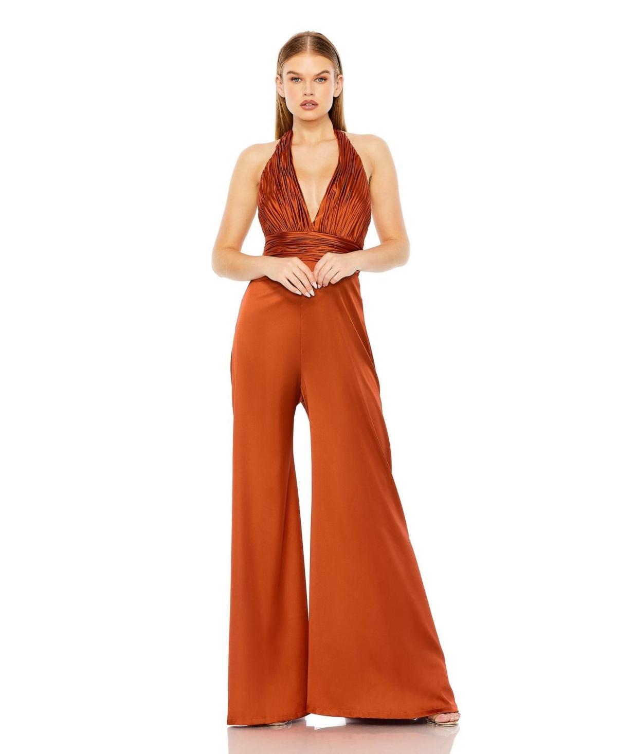 Mac Duggal Ruched Halter V-Neck Wide Leg Satin Jumpsuit Product Image