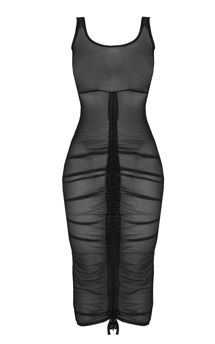 Black Scoop Neck Ruched Sheer Mesh Midaxi Dress Product Image